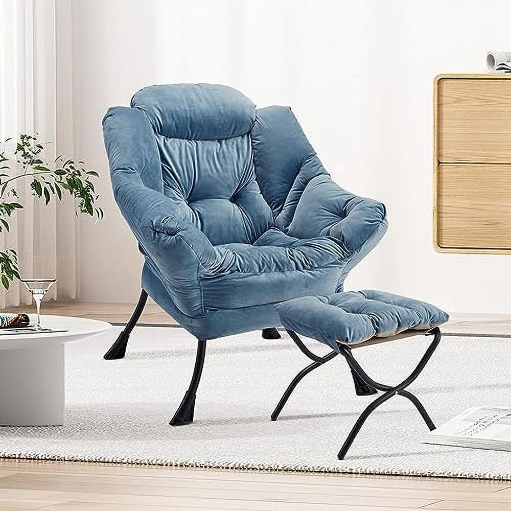 Lazy Chair Leisure Sofa Chair Come w/a Steel Frame Velvet Frabic Modern Lounge Accent Chair with Armrests and a Side Pocket Upholstered Reading Chair for Living Room Bedroom Dorm Rooms Be