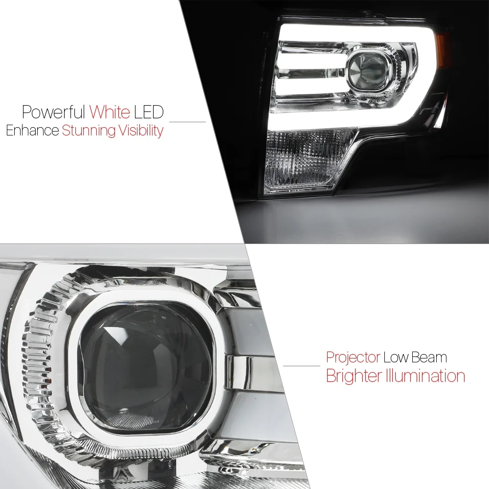 Chrome *LED LIGHT BAR DRL* Projector Headlight Amber Signal for 09-14 Ford F150 10 11 12 13