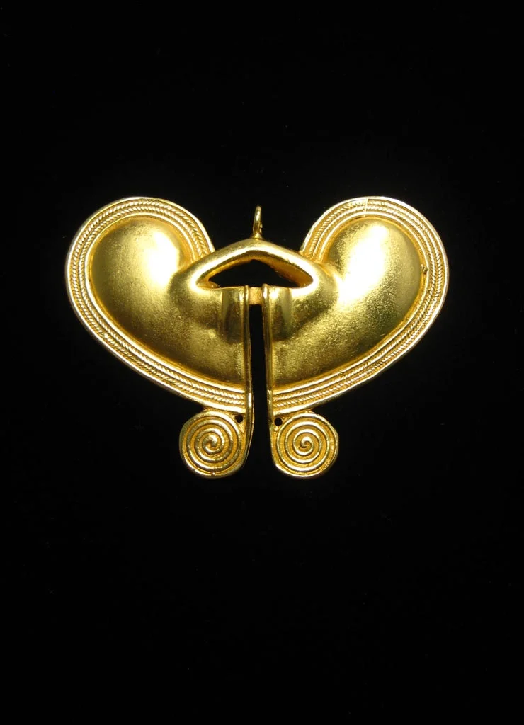 Across The Puddle, Historical Jewelry Collection, 24k Gold Plated Pre-Columbian Tairona Convex Butterfly Pendant Necklace