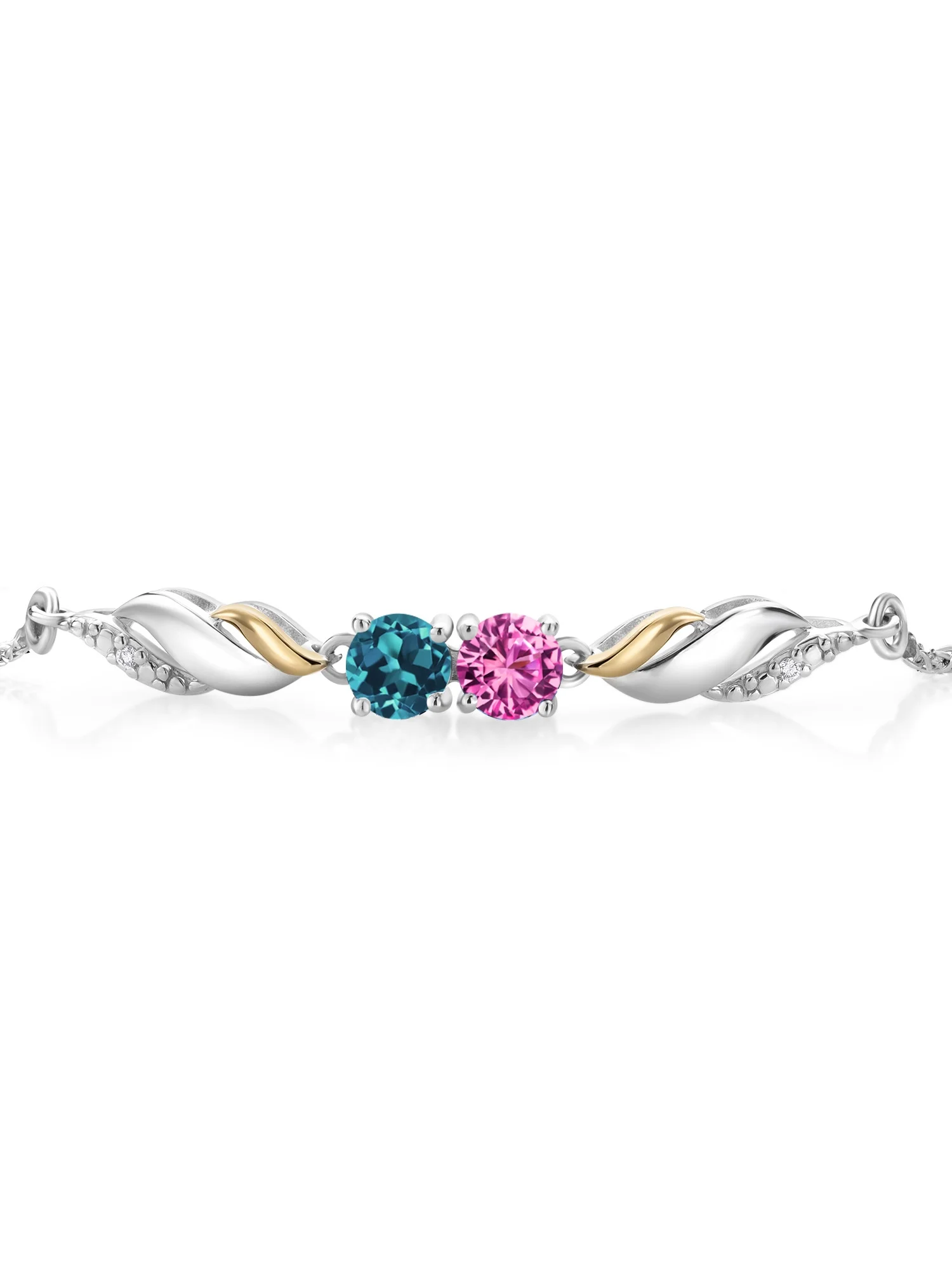 Gem Stone King 1.27 Ct Pink Created Sapphire London Blue Topaz 925 Silver and 10K Yellow Gold Lab Grown Diamond Bracelet For Women