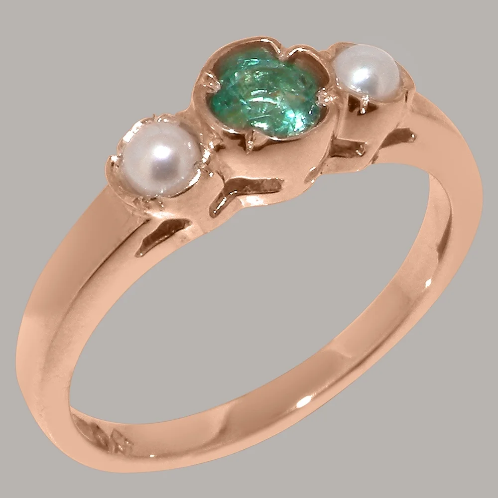 LBG British Made 9k Rose Gold Natural Emerald & Cultured Pearl Womens Anniversary Ring - 33 size options - Size 10