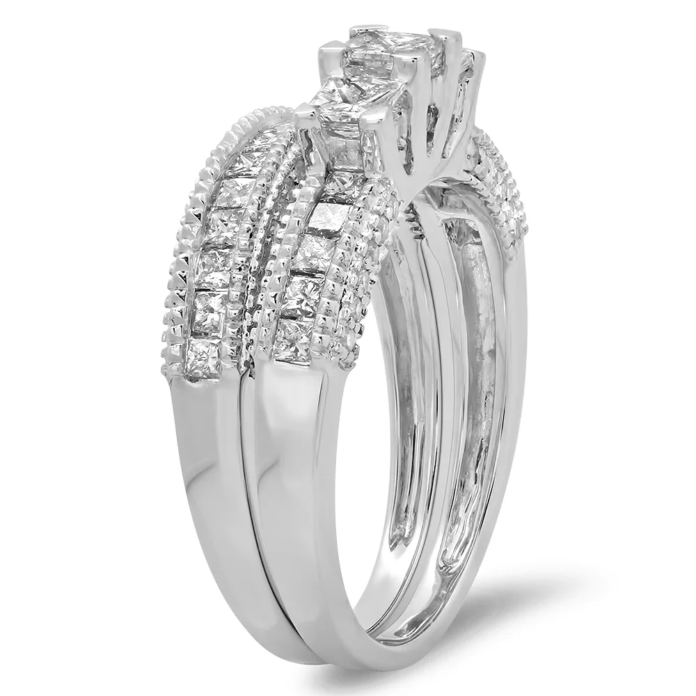 1.65 Carat (ctw) 10K White Gold Princess & Round Cut Diamond Ladies Bridal 3 Stone Engagement Ring With Matching Band Se