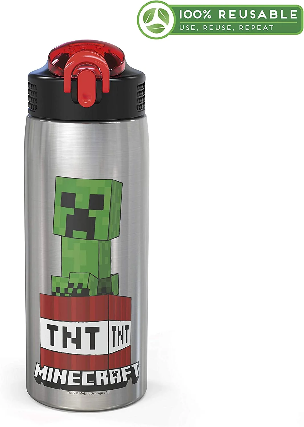 Zak Designs - MICI-V151 Zak Designs 27oz Minecraft 18/8 Stainless Steel Water Bottle with Flip-up Straw Spout and Locking Spout Cover, Durable Cup for Sports or Travel (27oz, Minecraft Creeper)