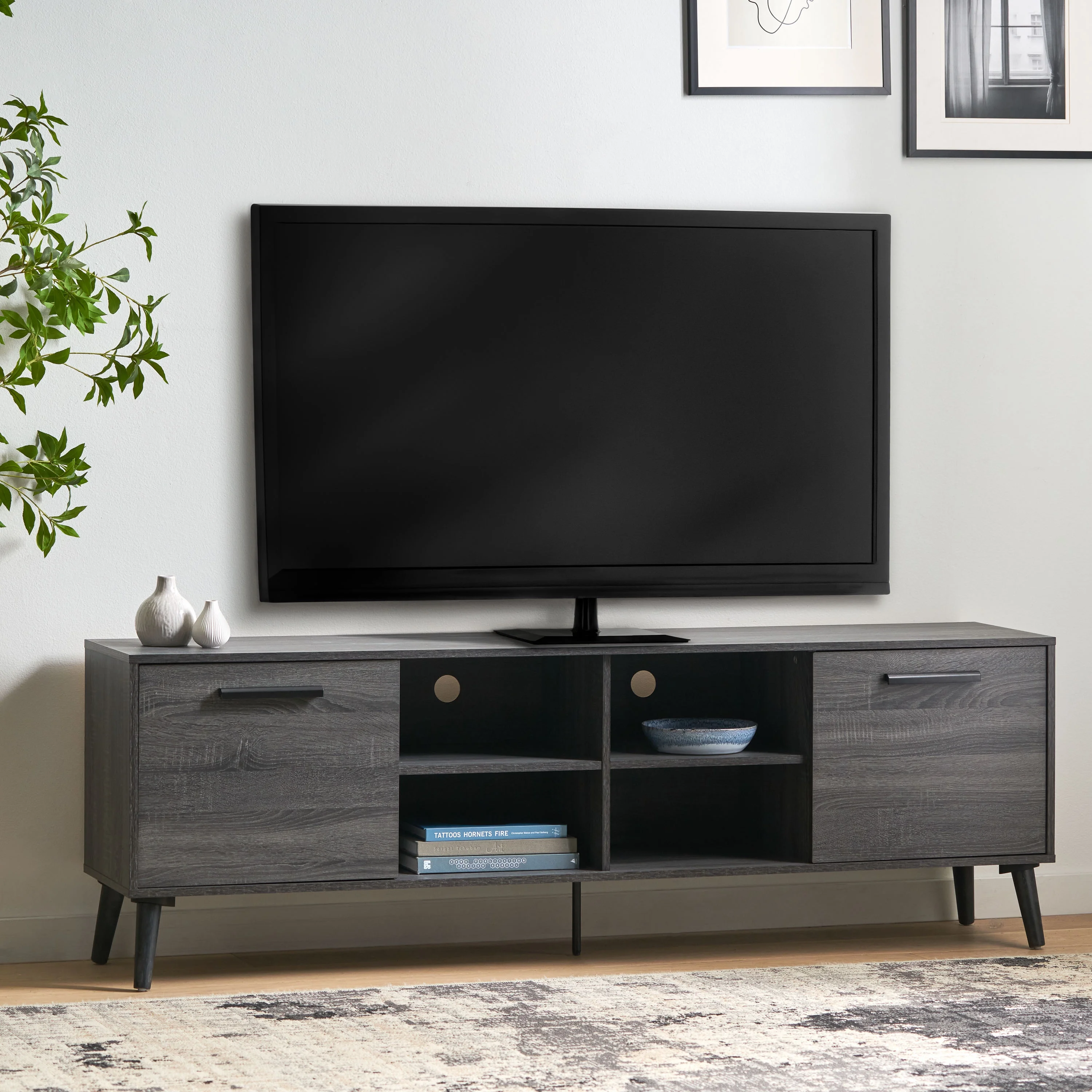 Sade Mid Century Modern Faux Wood Overlay TV Stand, Grey Oak Finish