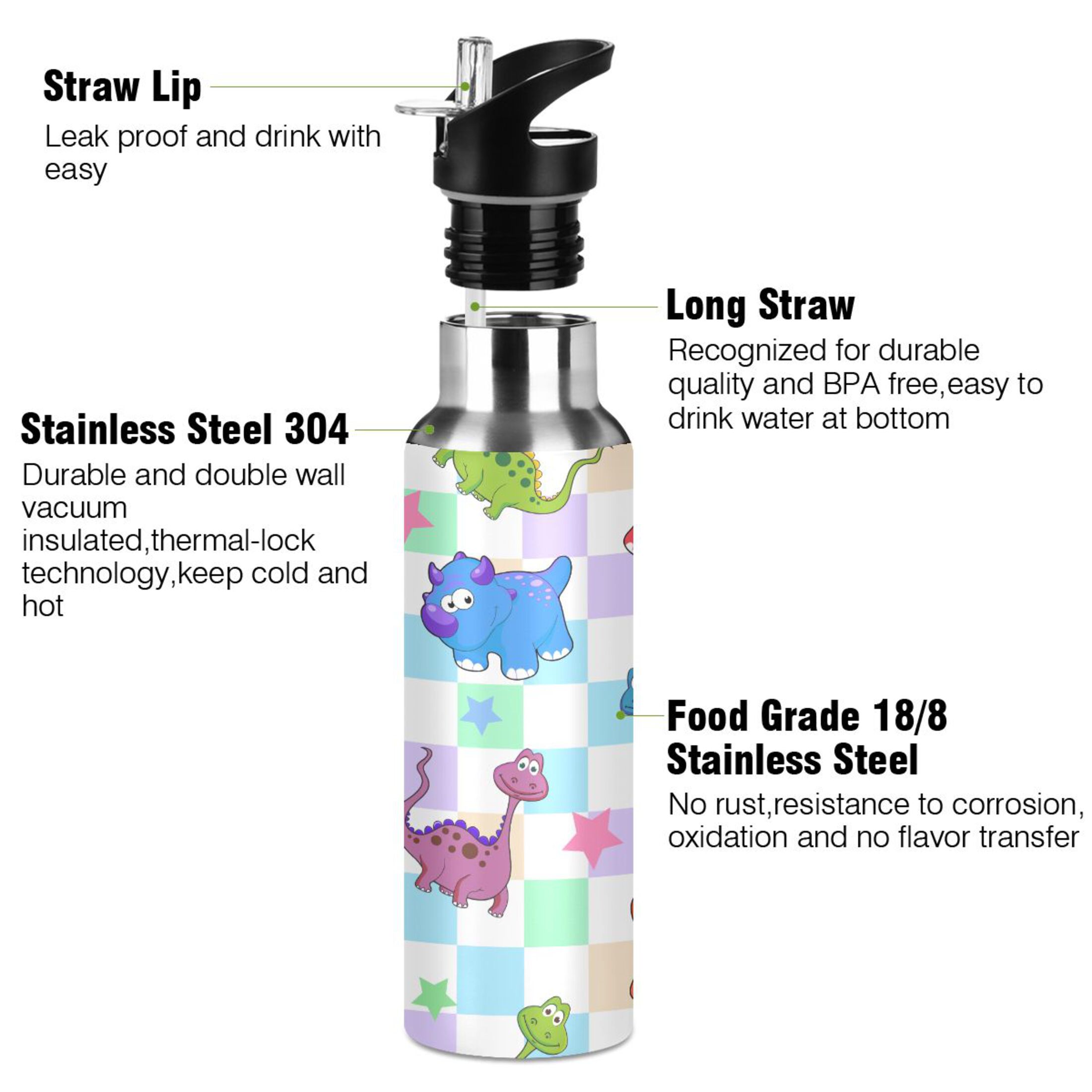 Stainless Steel Water Bottle Cute Dinosaur Pattern with Straw Lid Vacuum Insulated Keeps Hot and Cold Leak Proof Flask Jug for Gym Travel Sports Cycling Outdoor 20 OZ