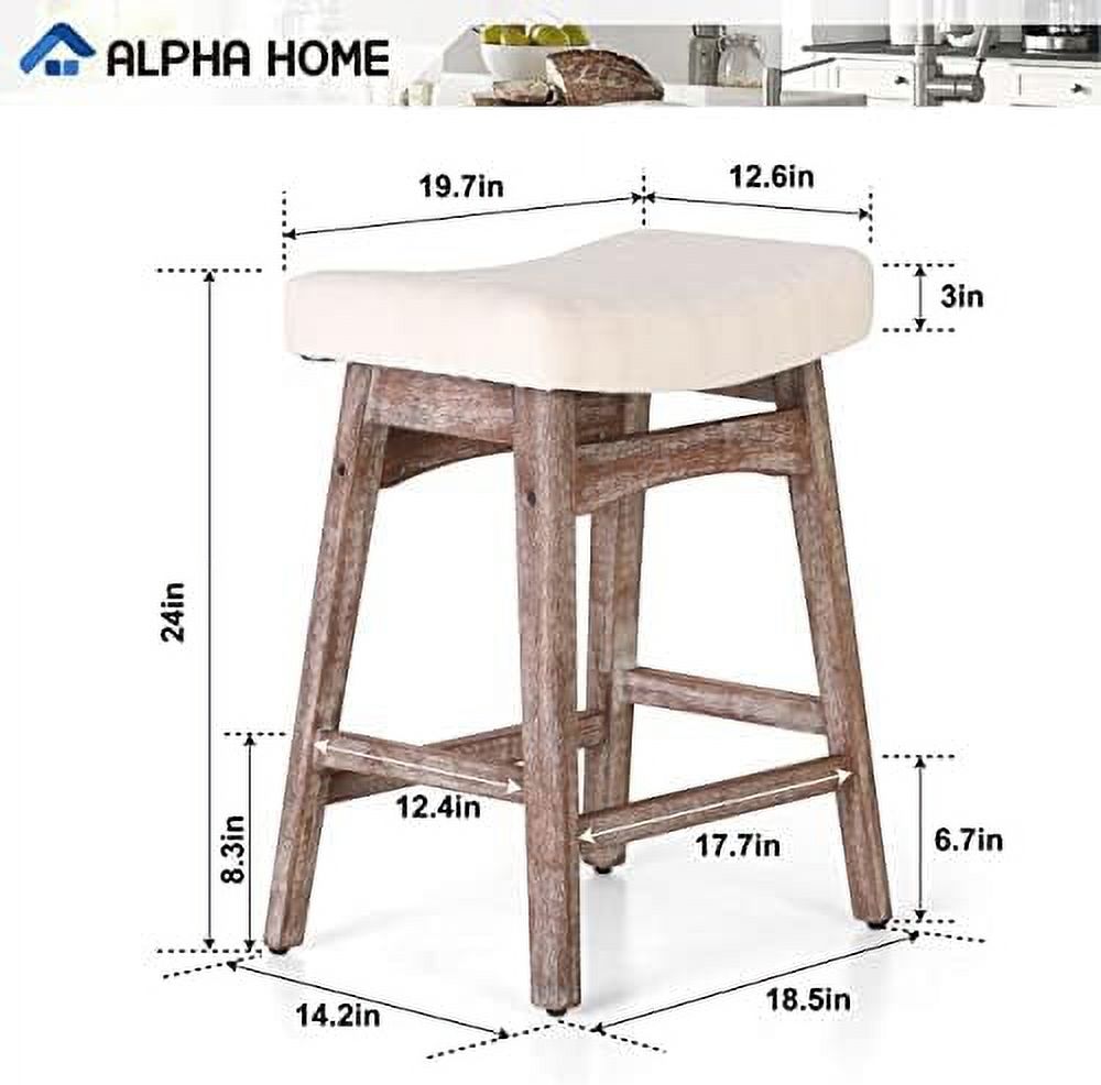 HBBOOMLIFE Stool  Solid Wood Saddle Kitchen Stool with Grey Linen Fabric Cushion Counter Height Barstool with Vintage Farm Wooden Base for Kitchen Dining Cafe  24 Inch  Grey  1PC