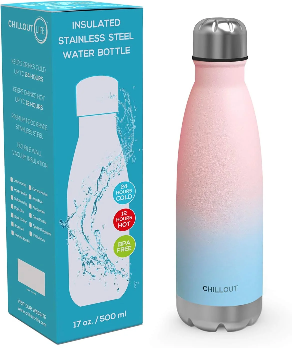 CHILLOUT LIFE Stainless Steel Water Bottle: 17 oz Double Wall Insulated Cola Bottle Shape for Cold and Warm Drinks, BPA Free Metal Sports Bottle