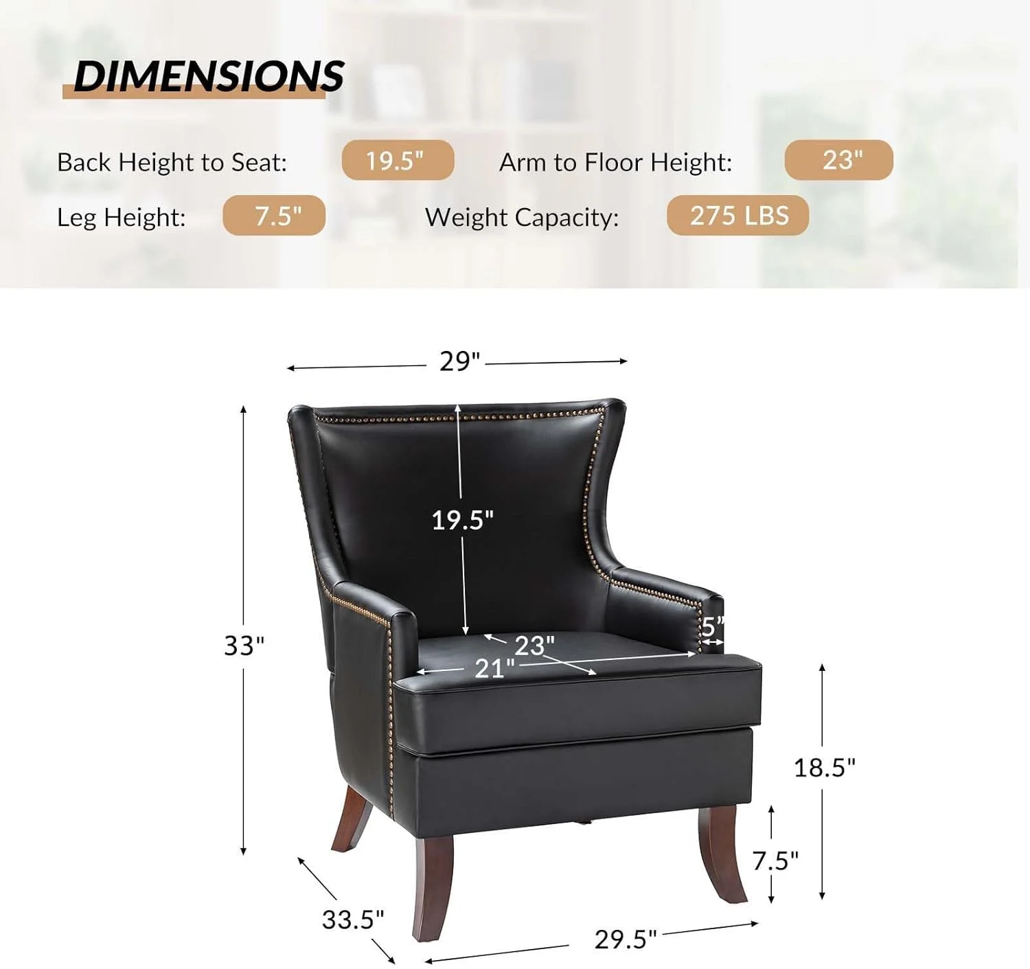 Modern Faux Leather Accent Chair With Nailhead Trim, Wingback Armchair For Living Room Bedroom, Upholstered PU Leather Sofa Chair With Tapered Wooden Legs, Black