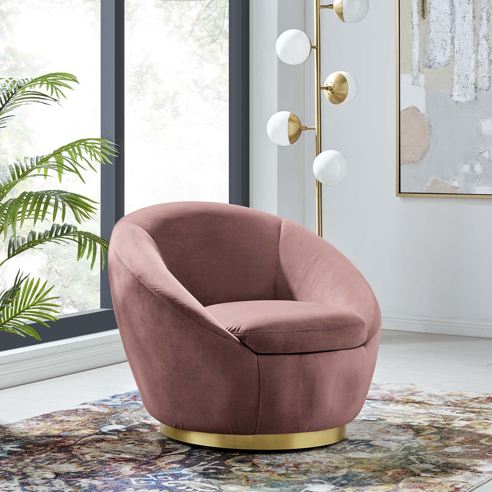 Armchair Swivel Accent Chair, Pink Gold, Velvet, Modern Contemporary, Living Lounge Cafe Room Hotel Lobby Hospitality