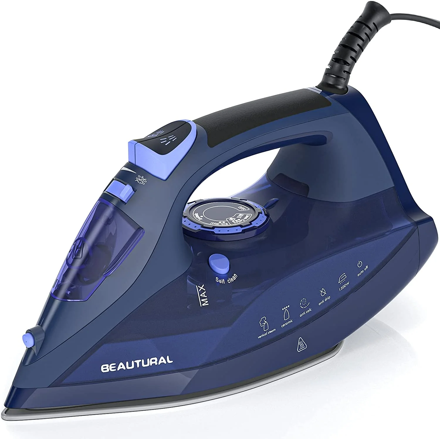 BEAUTURAL Steam Iron with Precise Thermostat Dial, 3 Automatic Shut-off Methods, Self-Cleaning, Anti-Calcium and Anti-Drip.