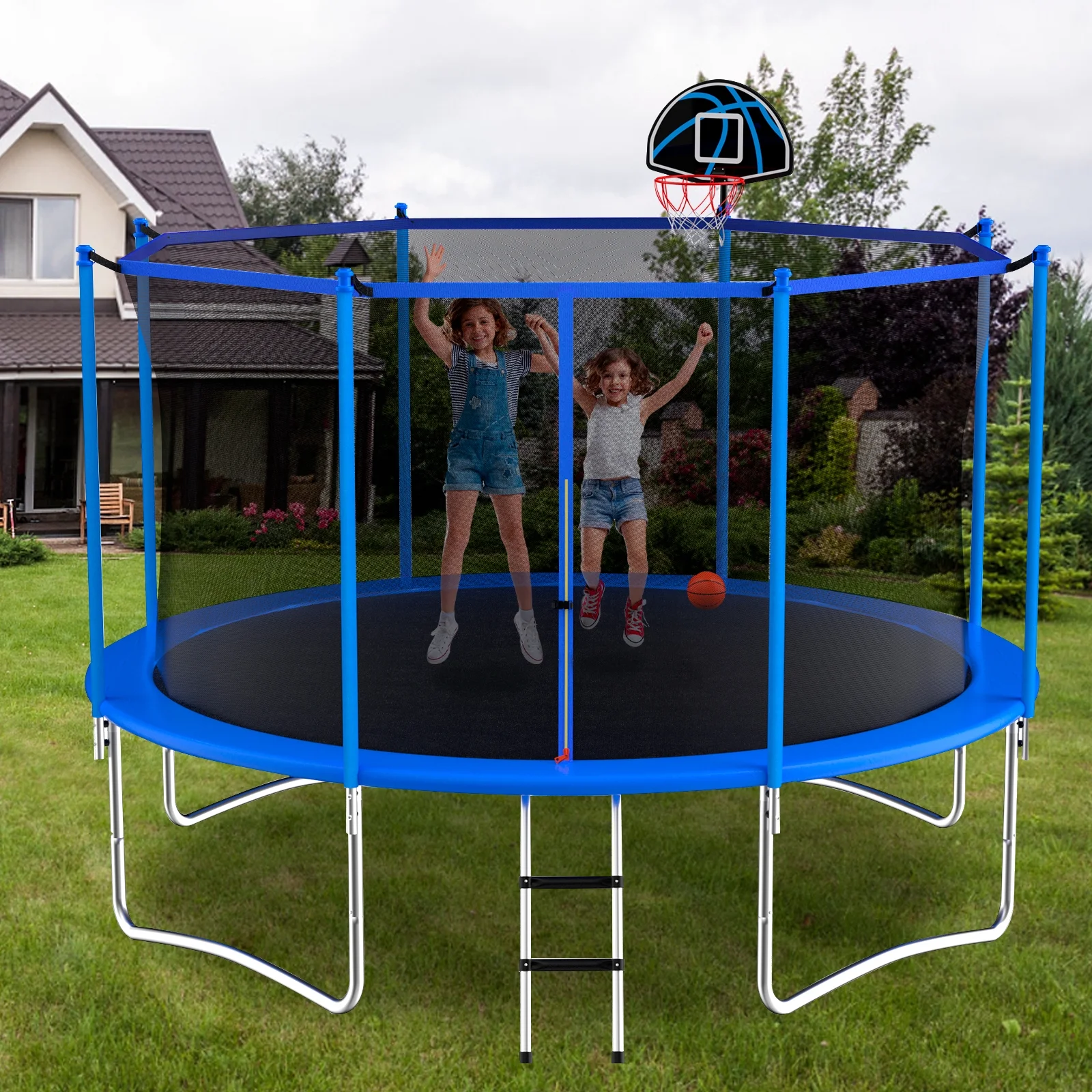 JJ JUJIN Outdoor Trampoline for Kids and Adults Trampoline with Basketballs Hoop and Safty Enclosure 10 Feet Blue