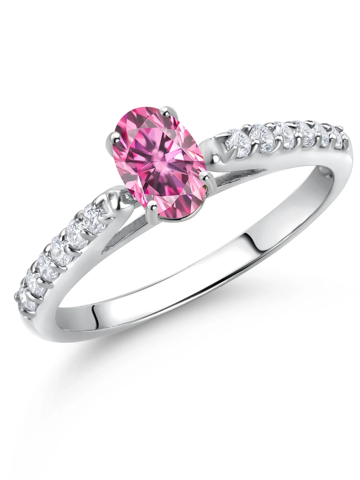 Gem Stone King 10K White Gold Pink Moissanite and White Lab Grown Diamond Engagement Ring For Women (0.64 Cttw, Oval 6X4MM, Gemstone Birthstone, Available In Size 5, 6, 7, 8, 9)