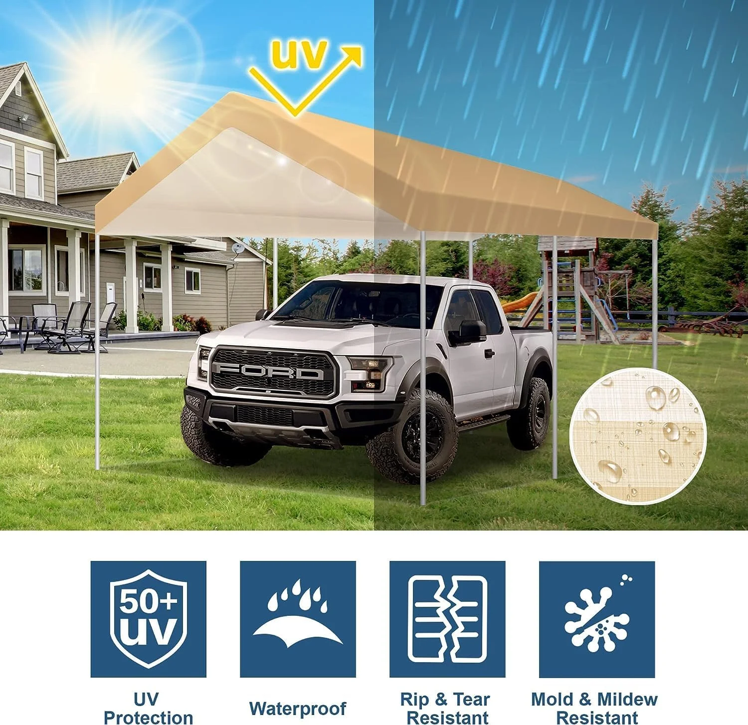 DIQIN Replacement Cover for Car Top Cover with Ball (Only Only Top Cover, Frame is not Included) (10' x 20', Gray)