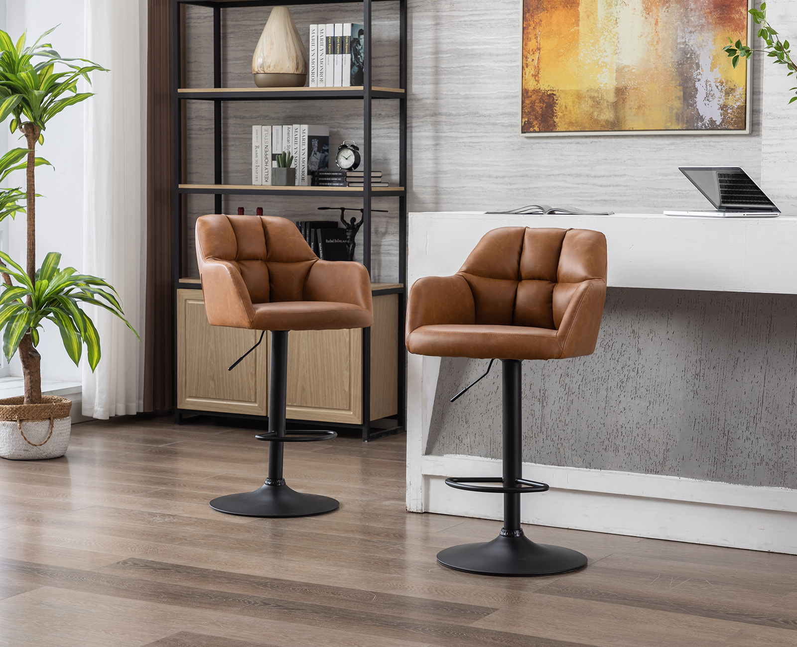 Guyou Modern Swivel Bar Stool Set of 2, Faux Leather Upholstered Adjustable Island Stool Counter Height Stool with Backrest and Metal Base for Kitchen Island Restaurant Bar, Brown