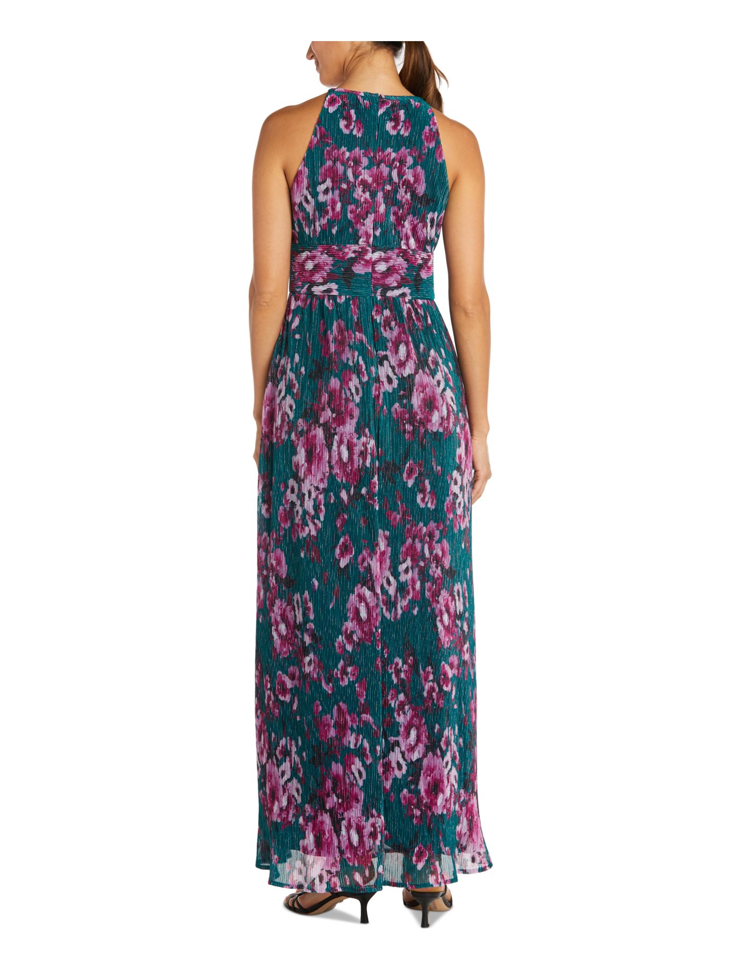 R&M RICHARDS Womens Green Zippered Slitted Textured Lined Floral Sleeveless Halter Full-Length Evening Sheath Dress Petites 12P