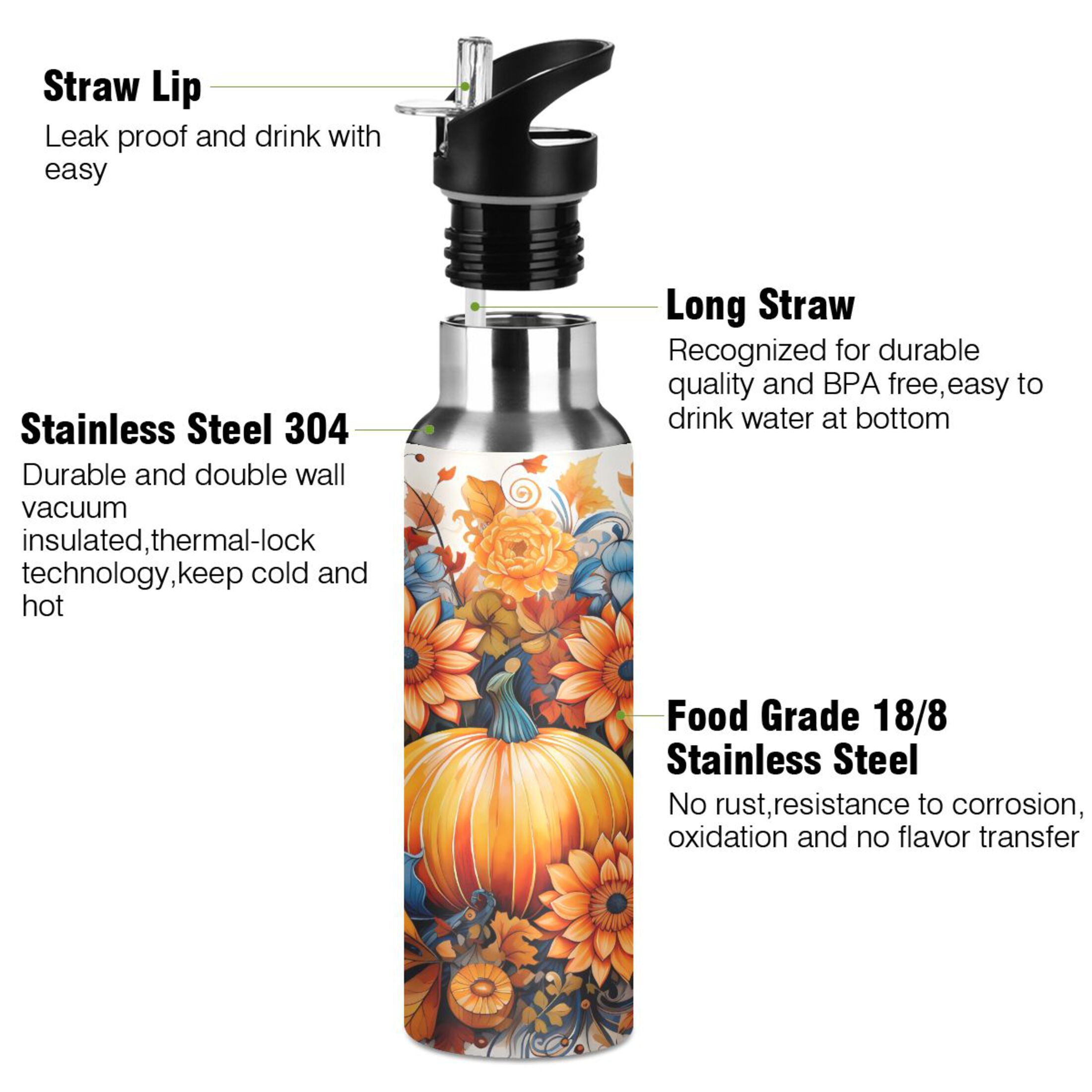 Water Bottle with Straw Lid Leak Sunflowers and Pumpkings Halloween Stainless Steel Insulated Thermos Vacuum Flask for Cold Hot Drinking for Sports Camping Gym Yoga