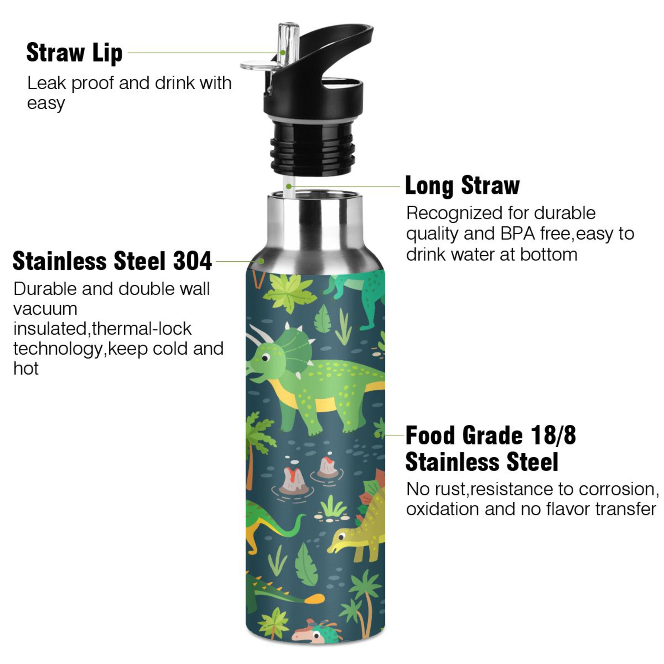Water Bottle with Straw Lid Leak Dinosaur Cartoon Childish T-rex Stainless Steel Insulated Thermos Vacuum Flask for Cold Hot Drinking for Sports Camping Gym Yoga