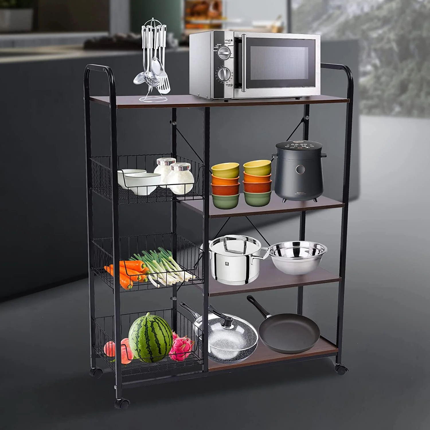 Miumaeov Kitchen Baker’s Rack,Industrial Microwave Oven Stand,Kitchen Utility Storage Shelf,Free Standing Kitchen Organizer for Spices,Pots,Pans and Ove