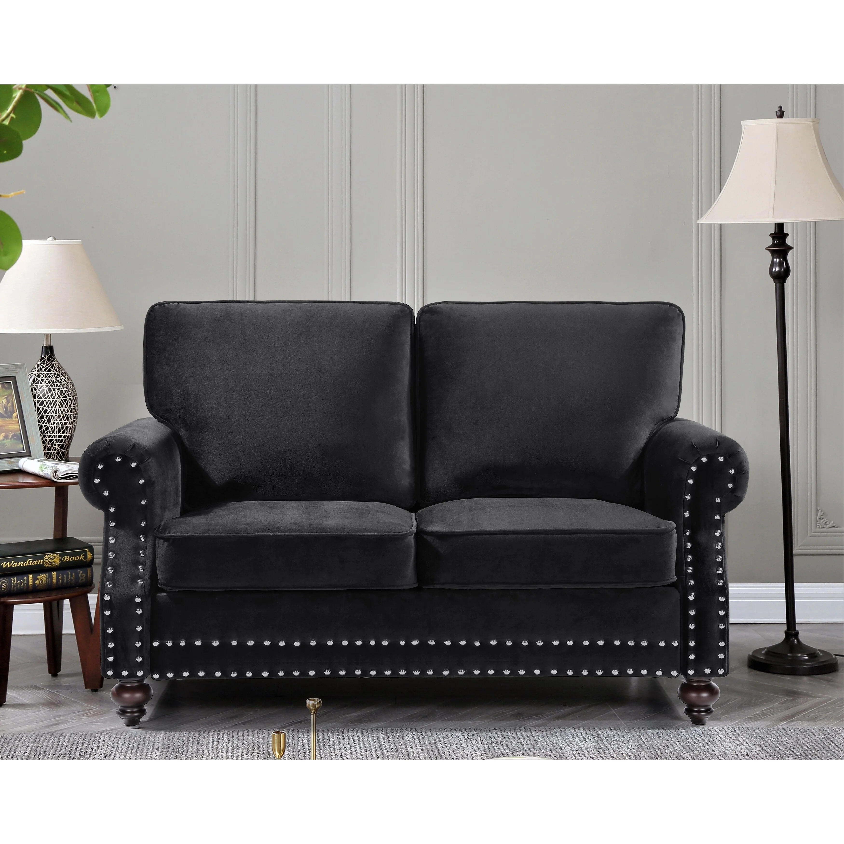 US Pride Furniture Ramos Nailhead Velvet Loveseat Dark Blue