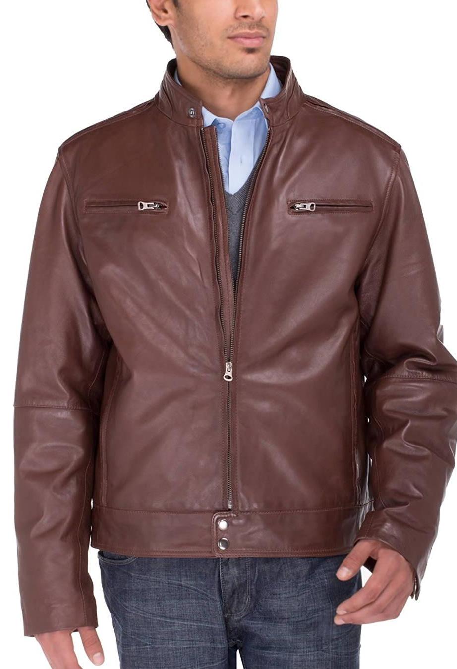 Mens Brown Coat Luciano Natazzi Trim Fit Lambskin Leather