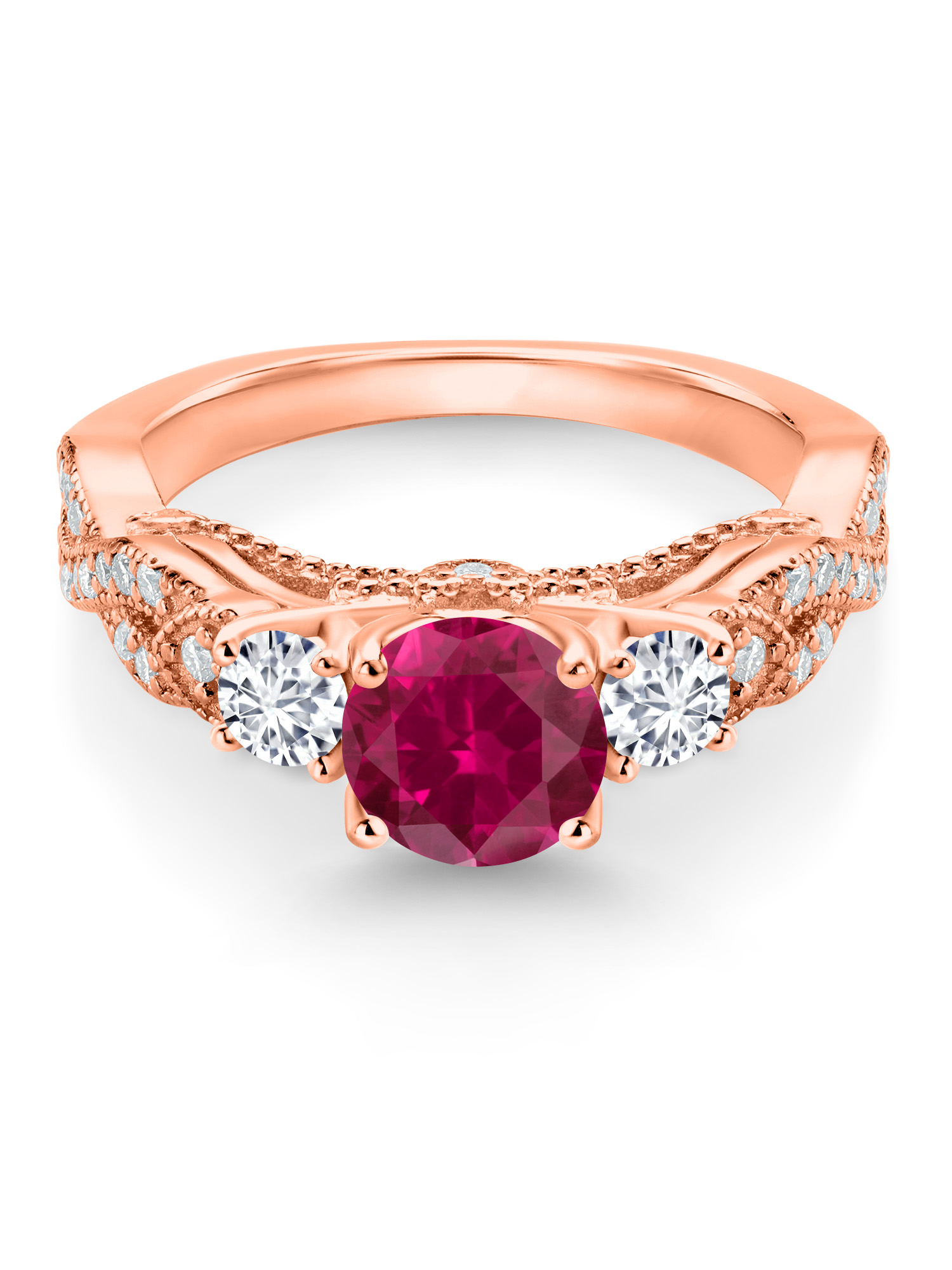 Gem Stone King 18K Rose Gold Plated Silver Red Created Ruby White Lab Grown Diamond and White Moissanite Engagement Ring For Women (1.47 Cttw, Gemstone July Birthstone, Round 6MM and 3MM)