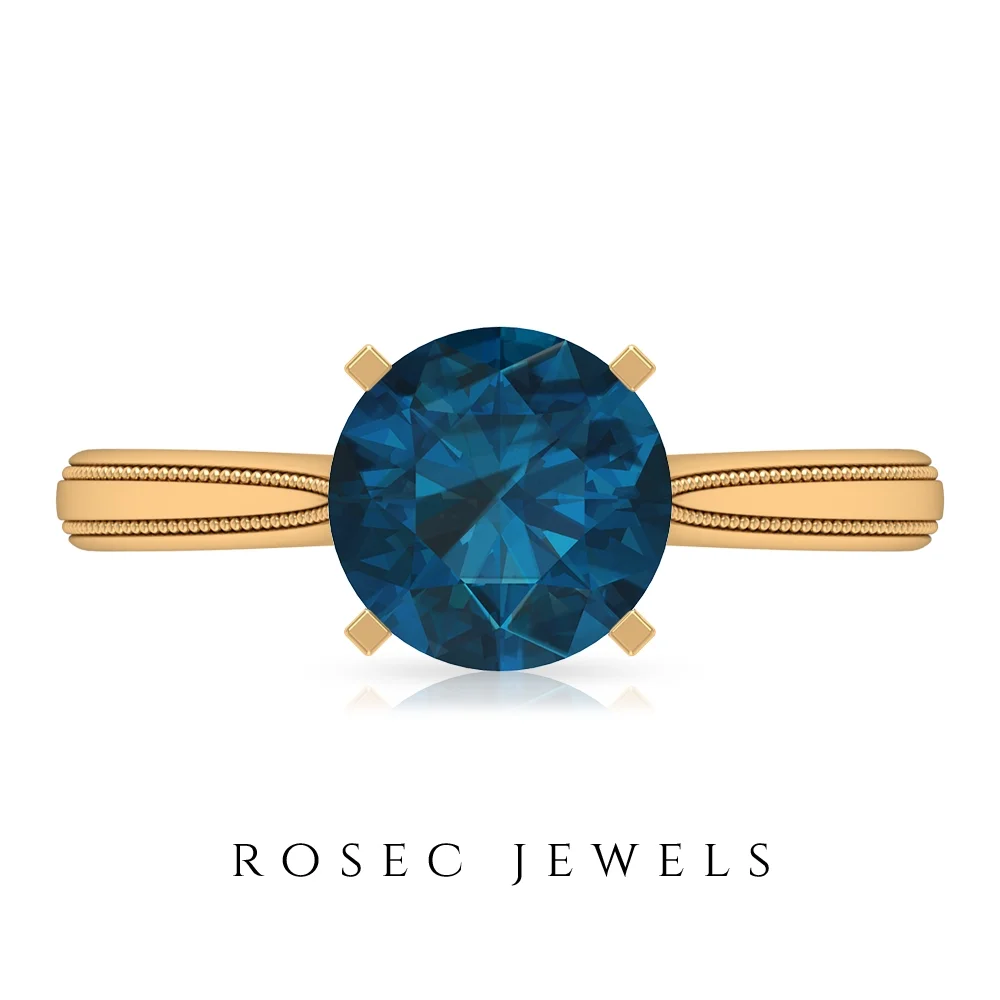 Solitaire London Blue Topaz Ring with Surprise Diamond for Women - 8 mm - 2 CT, 14K Yellow Gold, US 4.00
