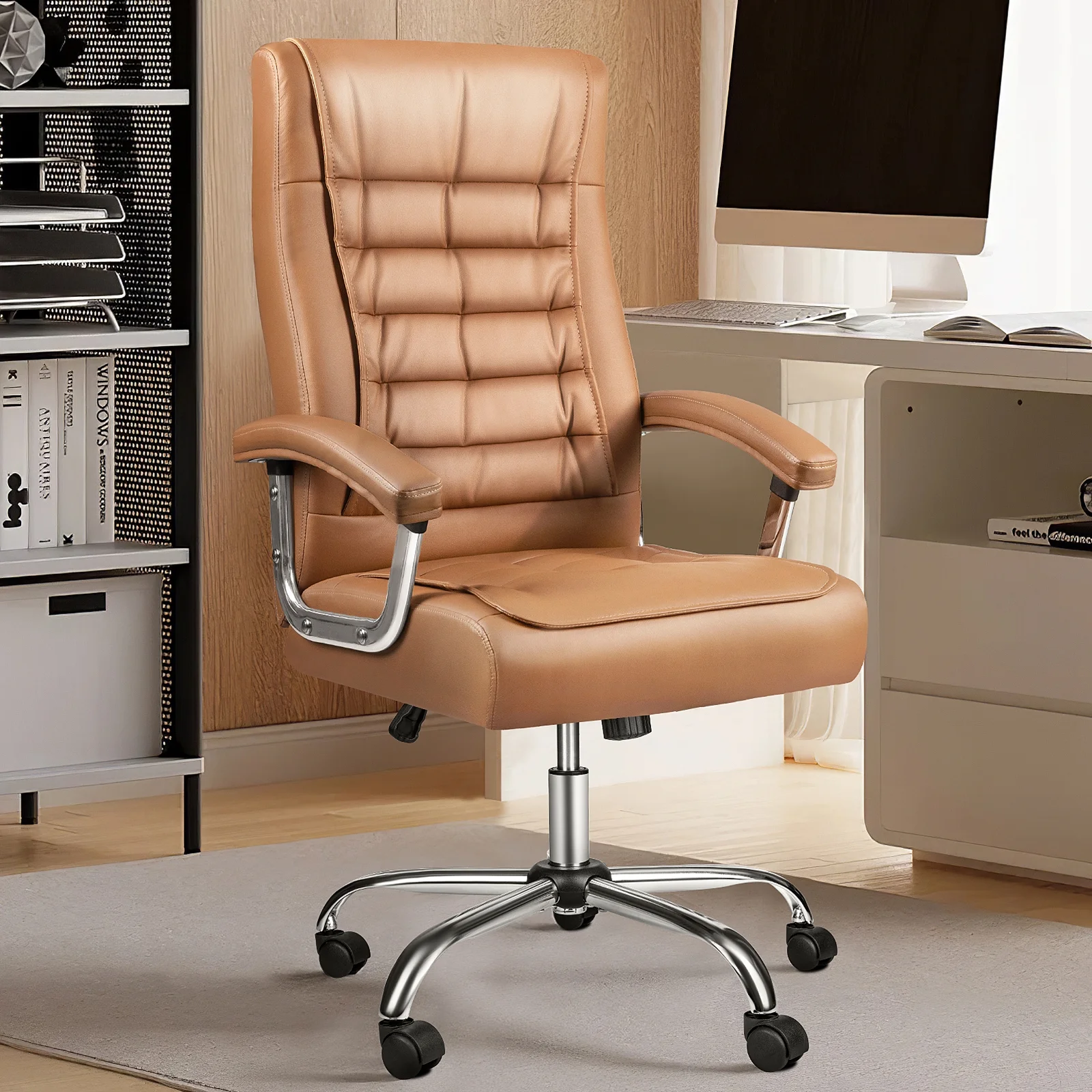 Waleaf Office Chair with Spring Cushion,400LBS High Back Computer Chair with Padded Armrest, Khaki