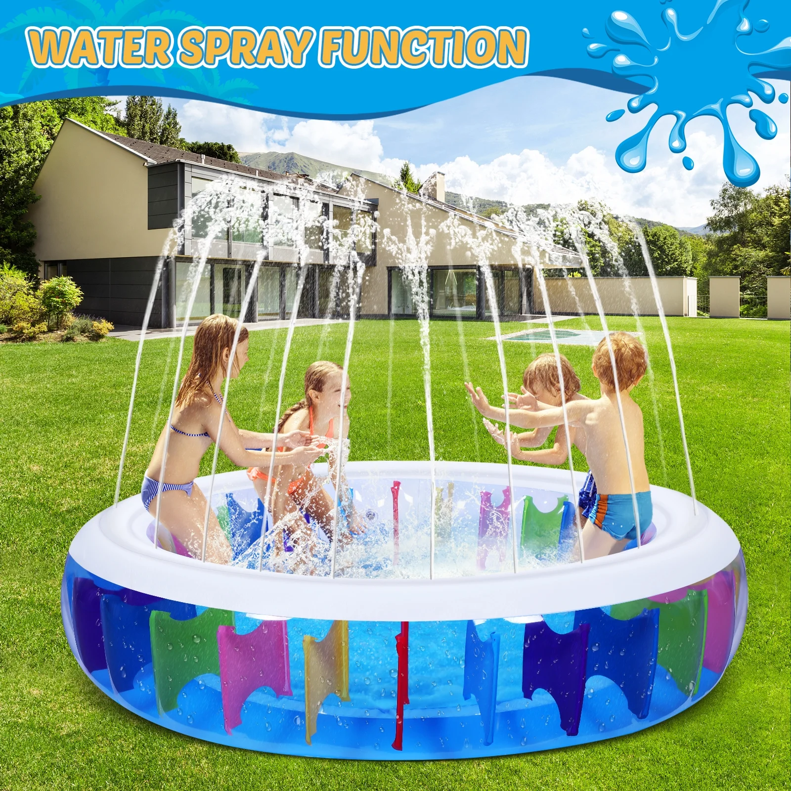 Hemoton UNOMOR PVC Transparent Inflatable Pool with Sprinkler Circular Playing Water Pool Baby Bathing Pool Summer Kids Toy 180 x 180 x 40 cm