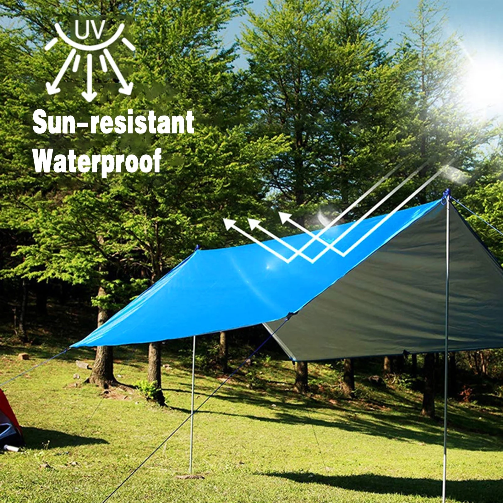 ametoys 9.8 * 9.8ft Multifunctional Waterproof Camping Tarp Hammock Sunshade Tent Rain Shelter Lightweight Outdoor Tarpaulin Canopy for Camping Beach Picnic