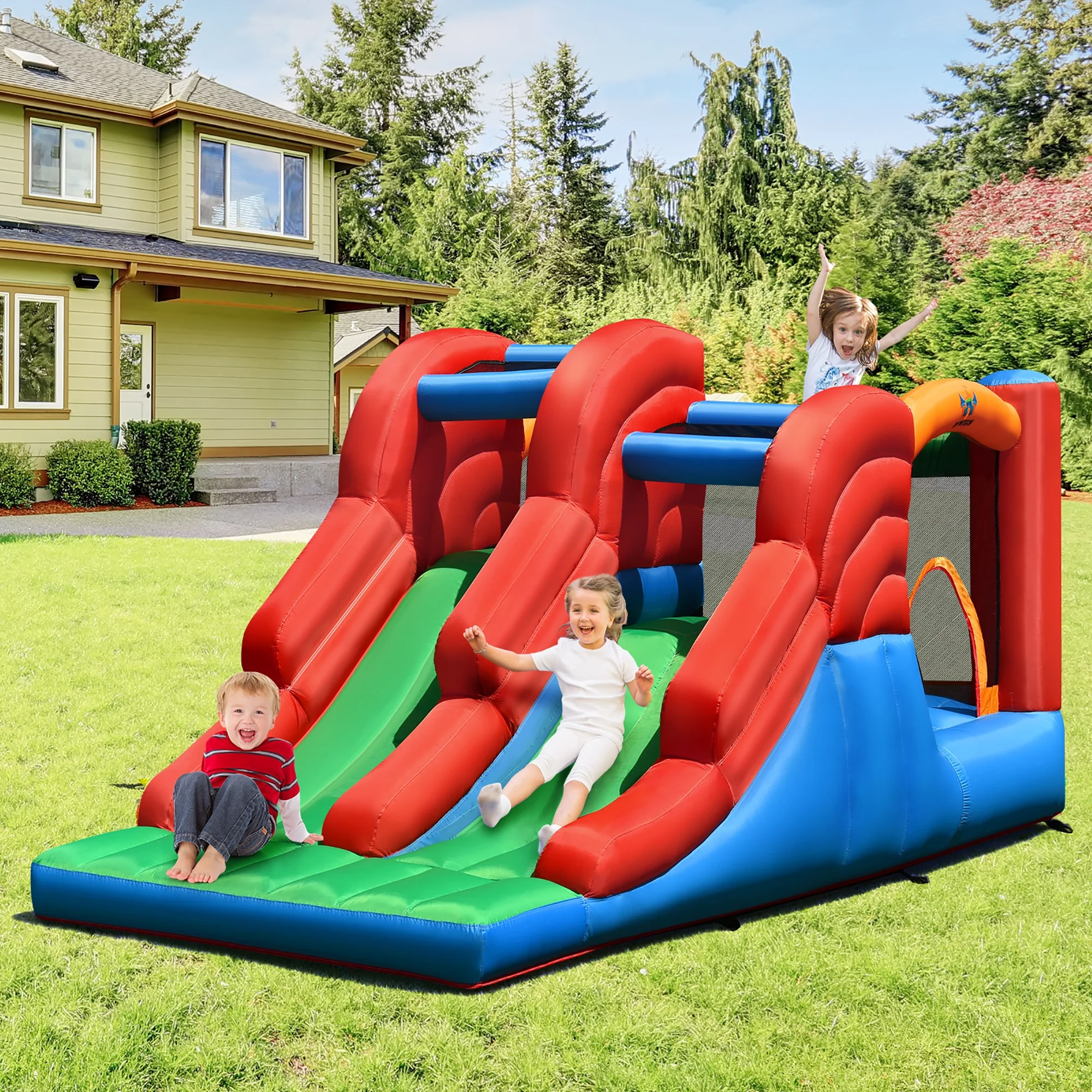 Costway Inflatable Bounce House 3-in-1 Dual Slides Jumping Castle Bouncer w/ 550W Blower