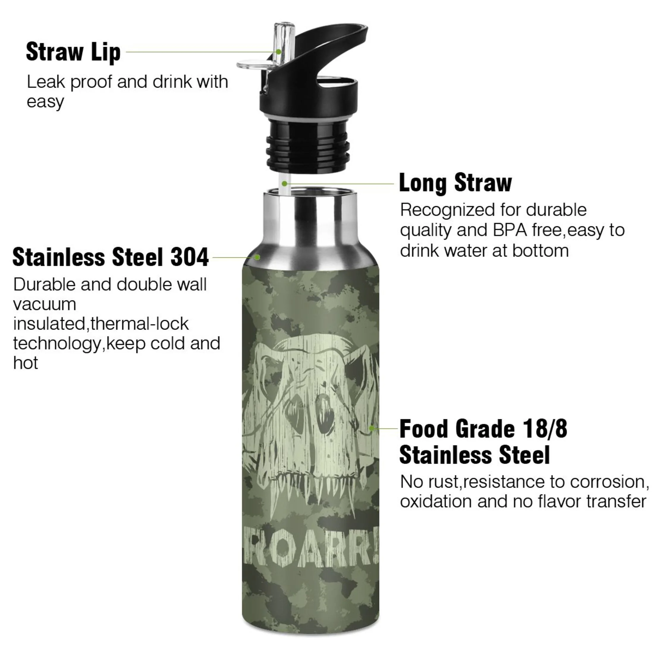 Stainless Steel Water Bottle Green Camouflage Dinosaurs with Straw Lid Vacuum Insulated Keeps Hot and Cold Leak Proof Flask Jug for Gym Travel Sports Cycling Outdoor 20 OZ