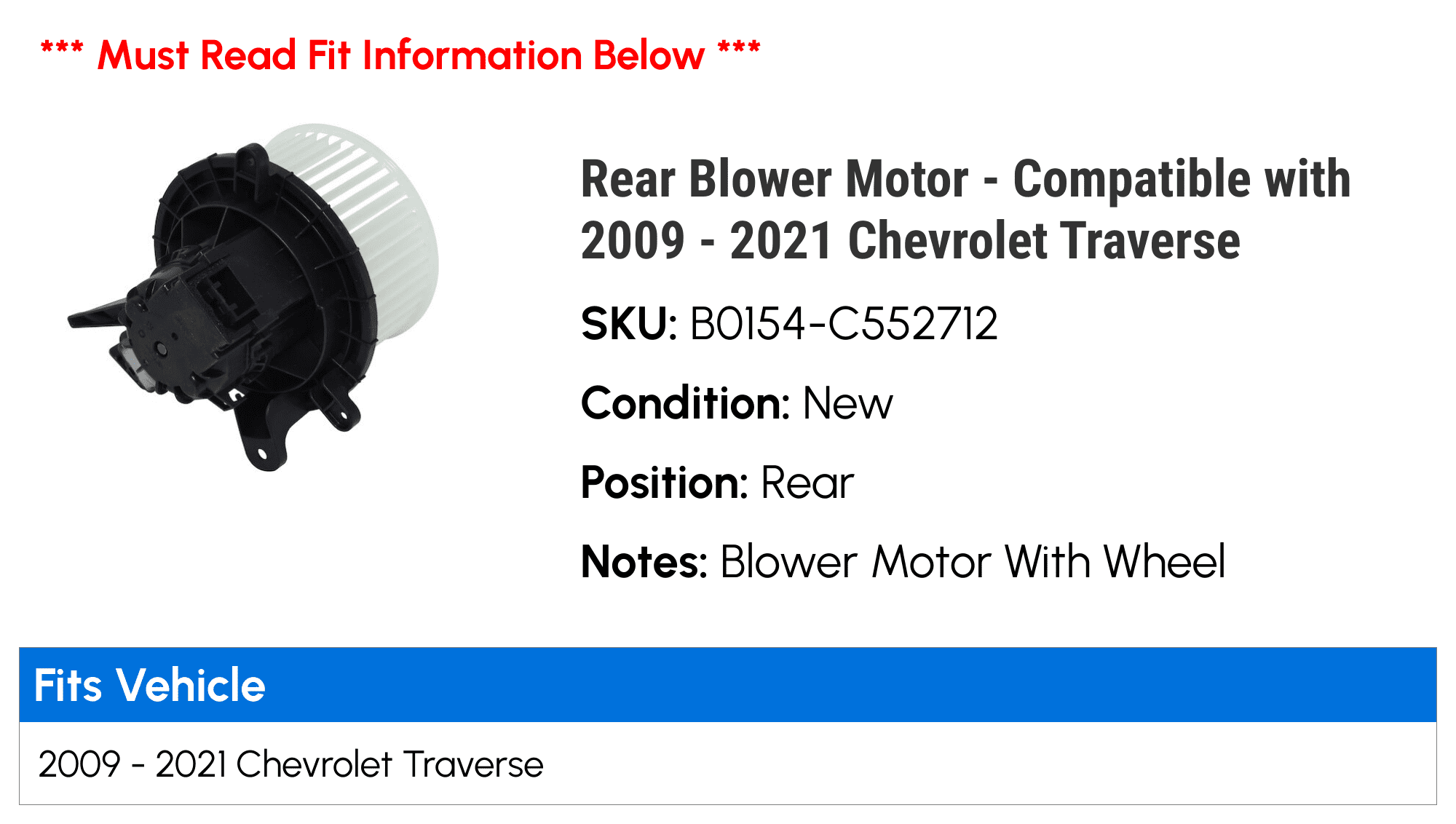 Rear Blower Motor - Compatible with 2009 - 2021 Chevy Traverse 2010 2011 2012 2013 2014 2015 2016 2017 2018 2019 2020