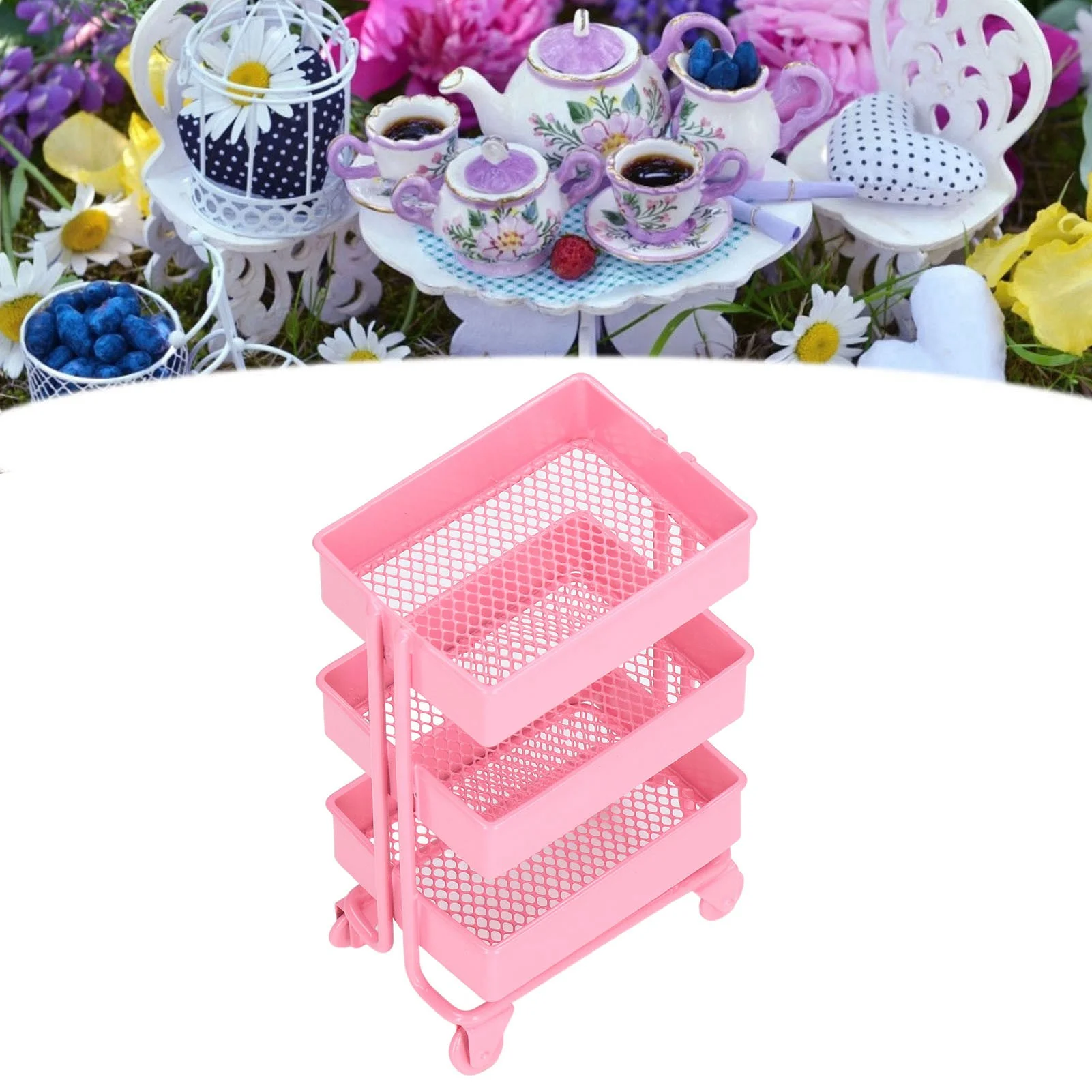 3 Tier Storage Rack, beautiful and lovely Modern Rectangle Style Dollhouse Trolley Rack Removable Simulation Metal 1:12 Scale with Wheels for Kids[pink]
