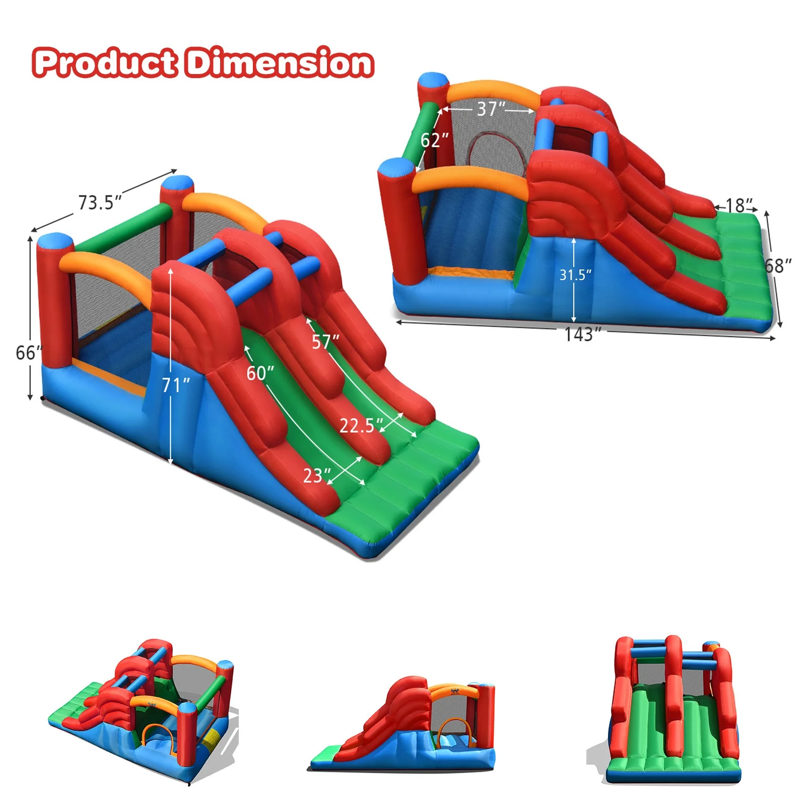 Infans Inflatable Bounce House 3-in-1 Dual Slides Jumping Castle Bouncer without Blower