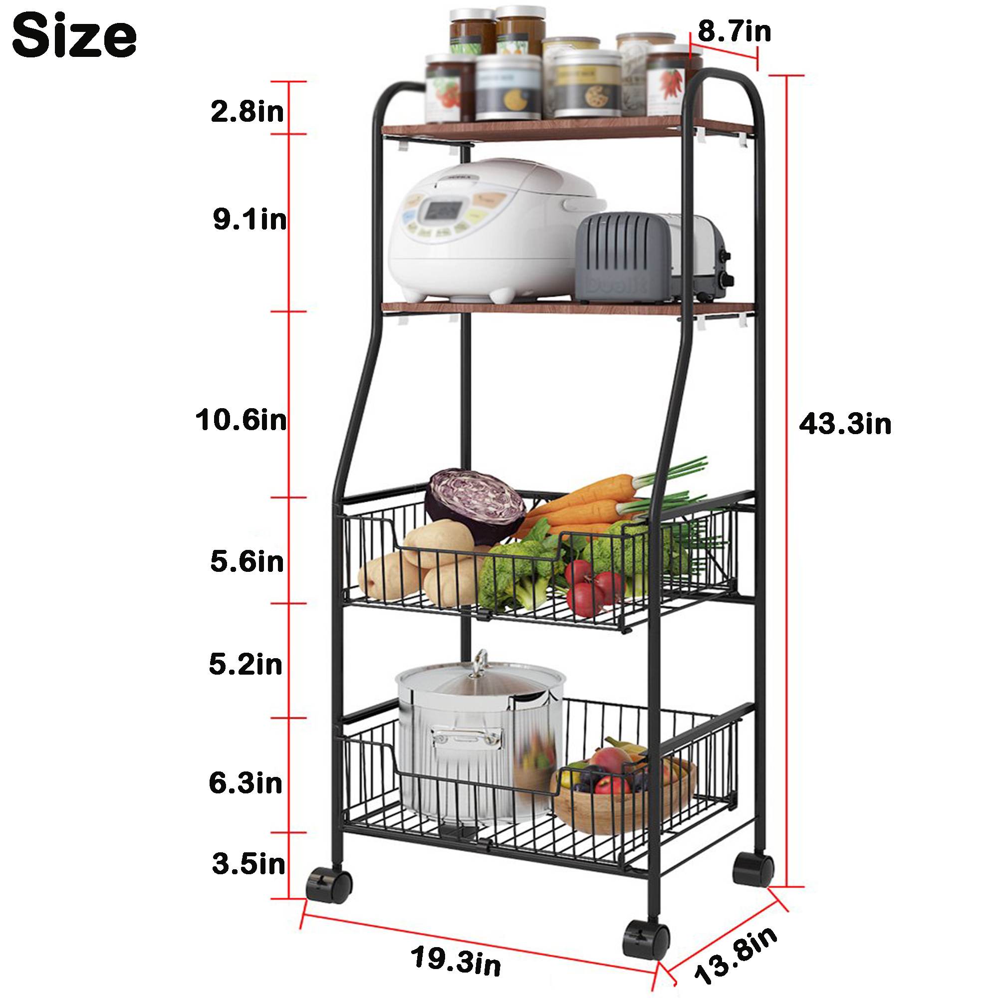 Nisorpa 4 Tiers Kitchen Baker's Rack, Microwave Oven Storage Organizer with Wheels