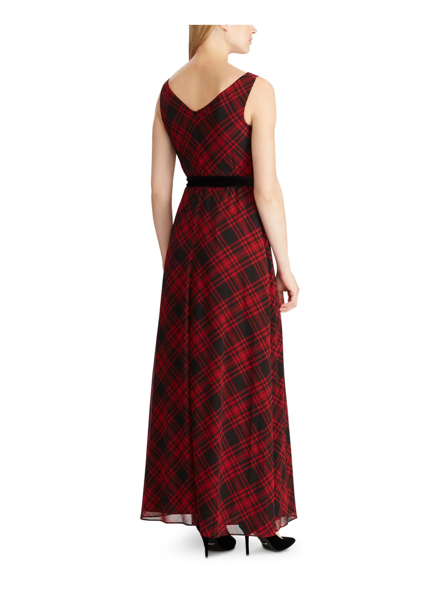 RALPH LAUREN Womens Black Plaid Sleeveless V Neck Maxi Sheath Dress Size: 16