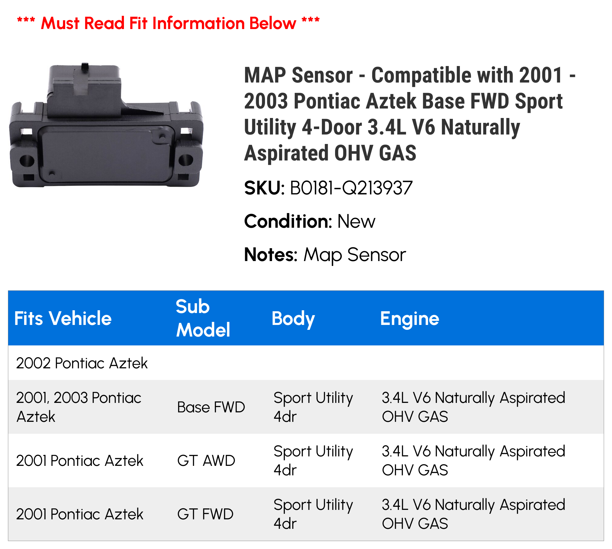 MAP Sensor - Compatible with 2001 - 2003 Pontiac Aztek Base FWD Sport Utility 4-Door 3.4L V6 Naturally Aspirated OHV GAS 2002