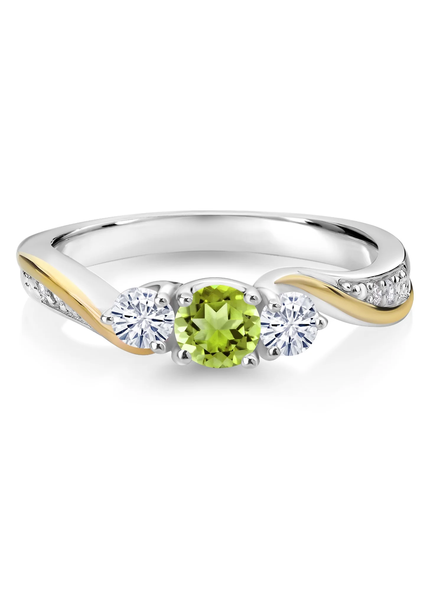 925 Silver and 10K Yellow Gold Green Peridot White Moissanite and White Lab Grown Diamond 3 Stone Engagement Ring For Women (0.53 Cttw, August Birthstone, Available In Size 5, 6, 7, 8, 9)