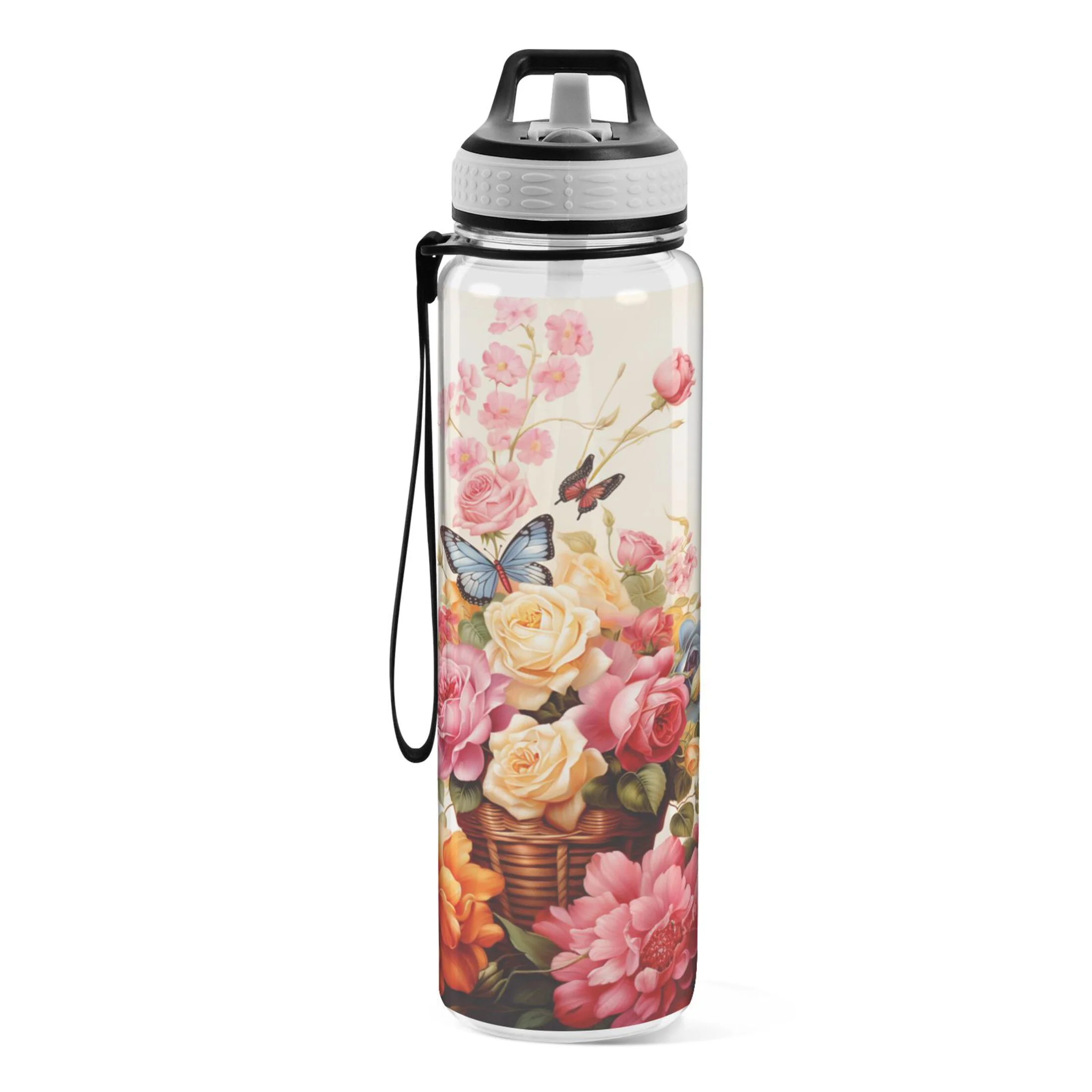 Butterflies on Beautiful Flowers 32oz Sports Water Bottles Leakproof Tritan Bottle with Straw BPA Free Clear Bottle for Fitness Gym Outdoor Cycling