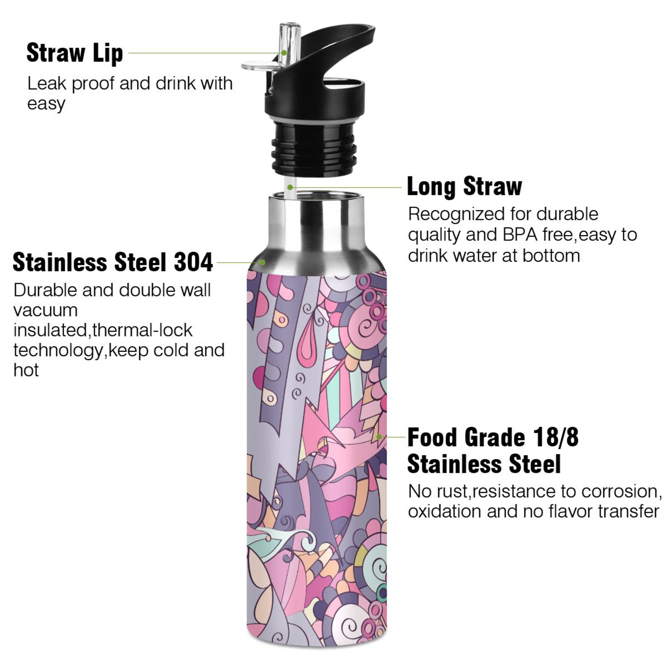 Water Bottle with Straw Lid Leak Ethnic Colorful Doodle Texture Stainless Steel Insulated Thermos Vacuum Flask for Cold Hot Drinking for Sports Camping Gym Yoga