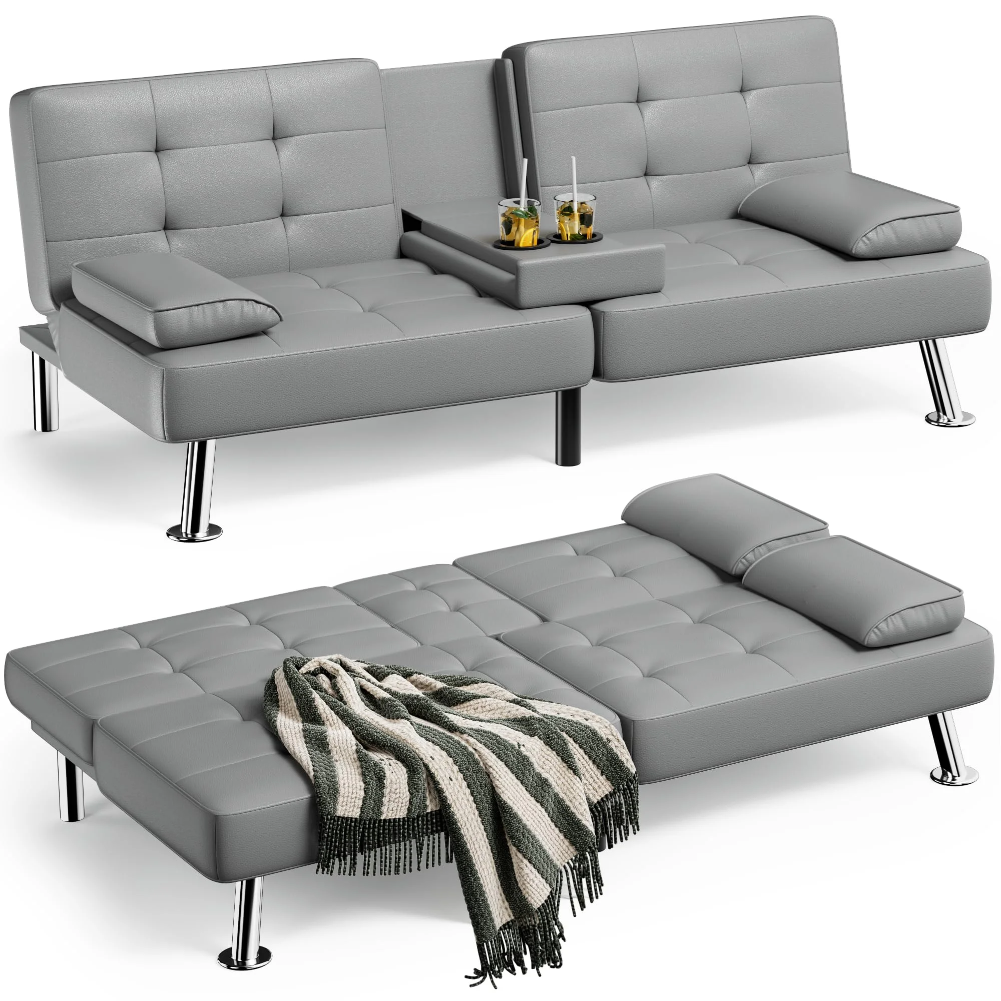 Faux leather upholstered modern foldable futon sofa bed with removable armrests for living room (leather, Grey)