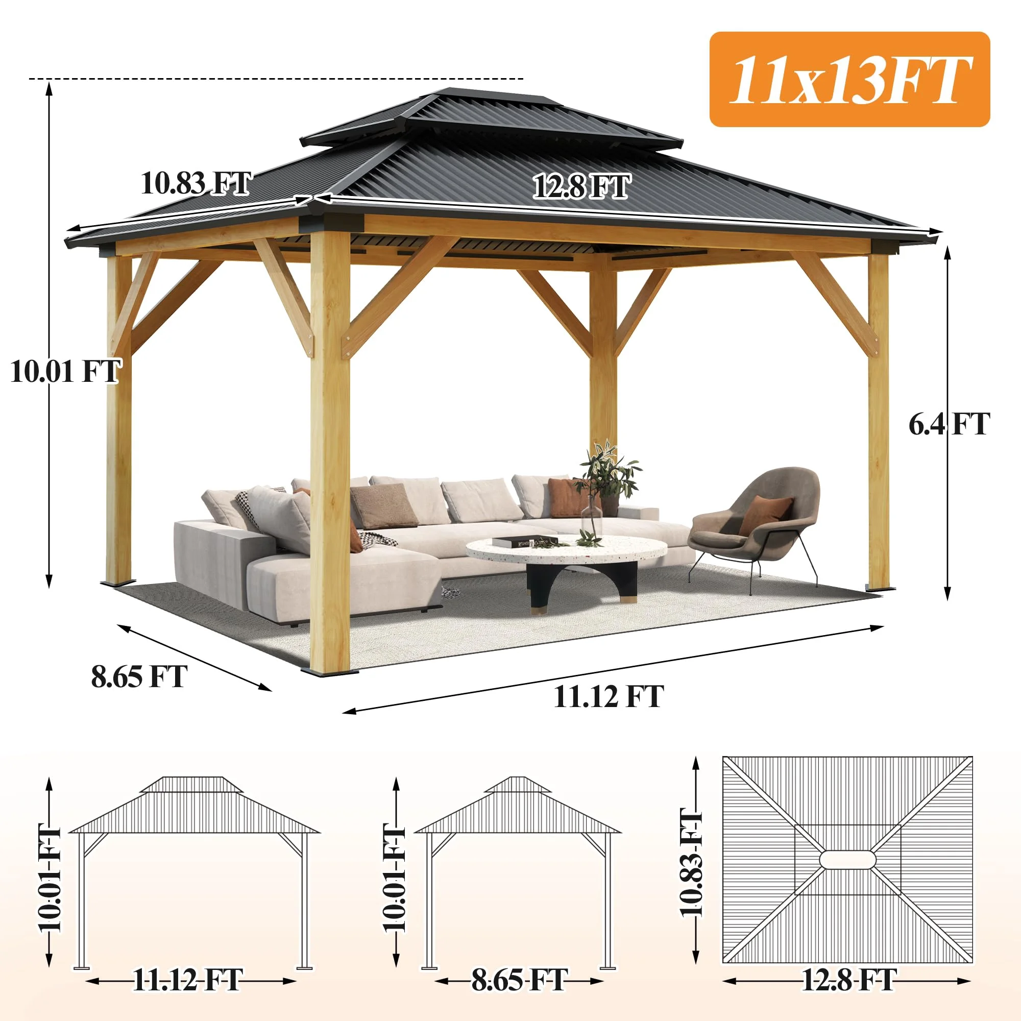 Gartooo 11’x13’ Outdoor Wooden Gazebo - Patio&nbsp;Galvanized Steel Gazebo with Double Vented Roof, Heavy-duty Cedar Wooden Gazebo for Garden, Lawn, Poolside, Backyard Deck