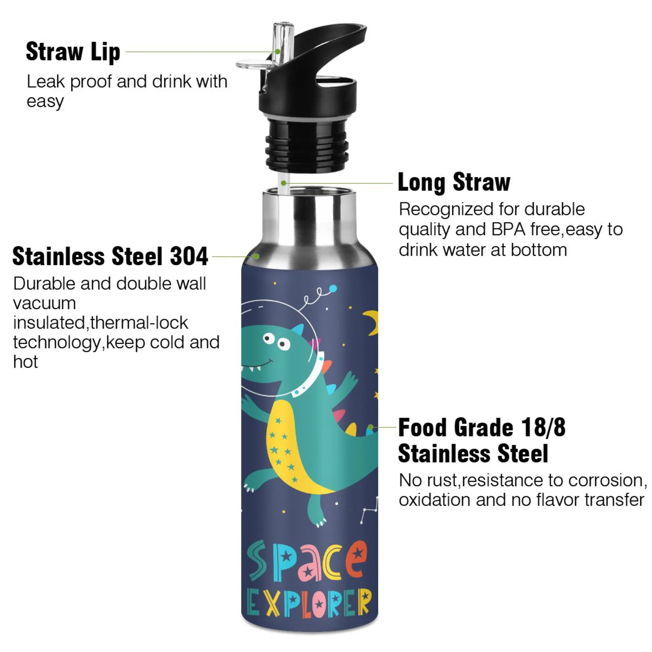 Water Bottle with Straw Lid Leak Funny Dinosaur Space Stainless Steel Insulated Thermos Vacuum Flask for Cold Hot Drinking for Sports Camping Gym Yoga