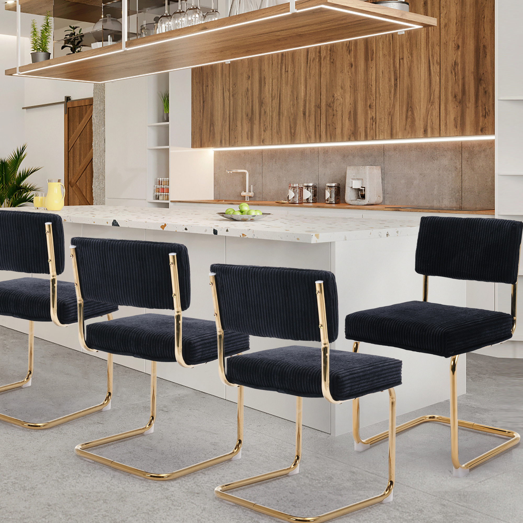 Sedona House Modern Dining Chairs Set of 4, with Corduroy Fabric, Gold Metal Base, Accent Armless Kitchen Chairs with Channel Tufting, For Kitchen, Dining Chair, Office, Black