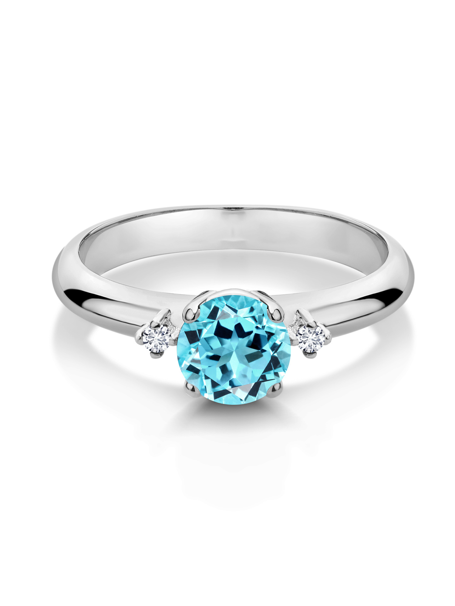 Gem Stone King 1.03 Ct Round Swiss Blue Topaz G-H Lab Grown Diamond 925 Sterling Silver 3-Stone Engagement Ring