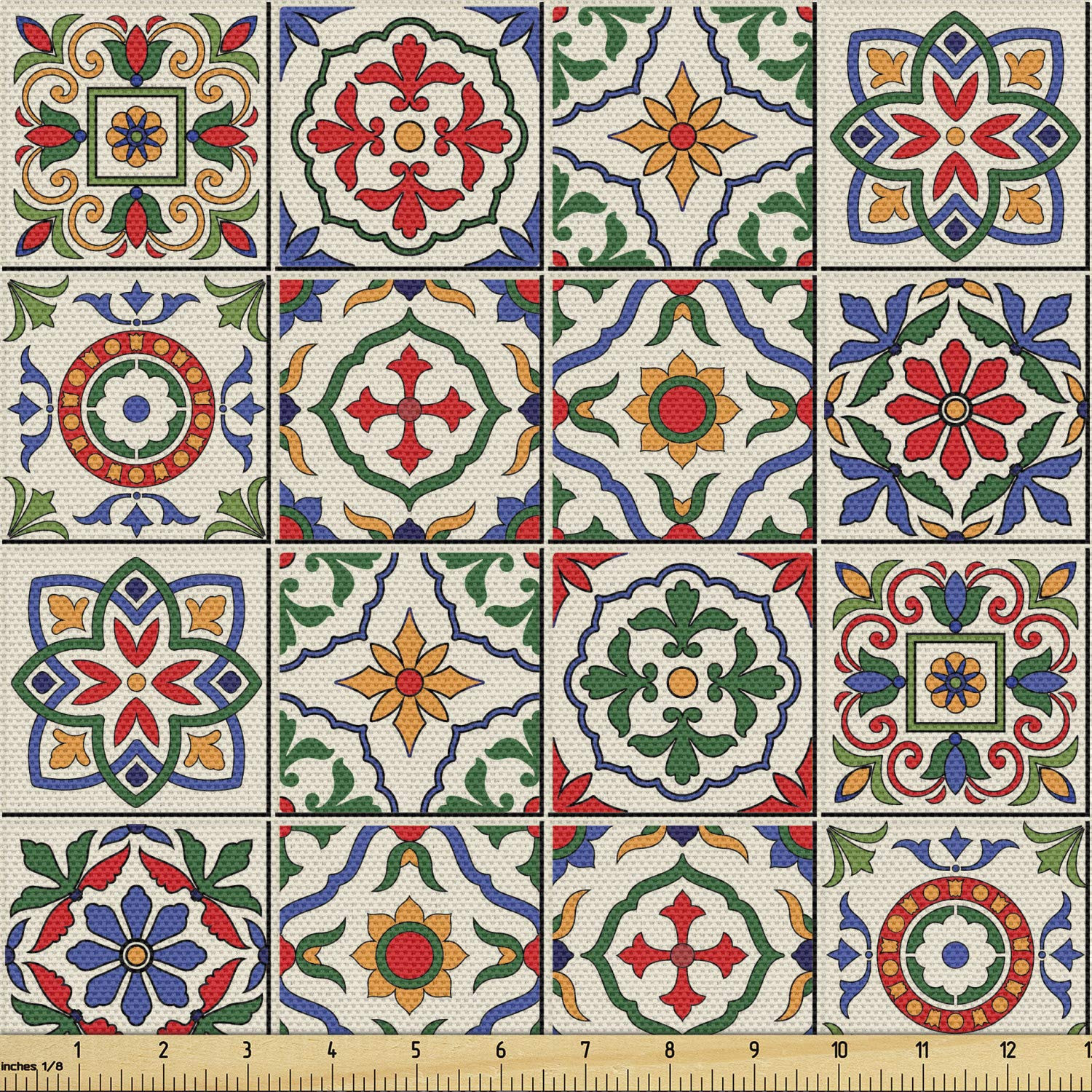 Moroccan Azulejo Bliss Fabric - Vibrant Portuguese Ornamental Floral Leaves - 2 Yards of Beige Elegance for Upholstery & Home Accents