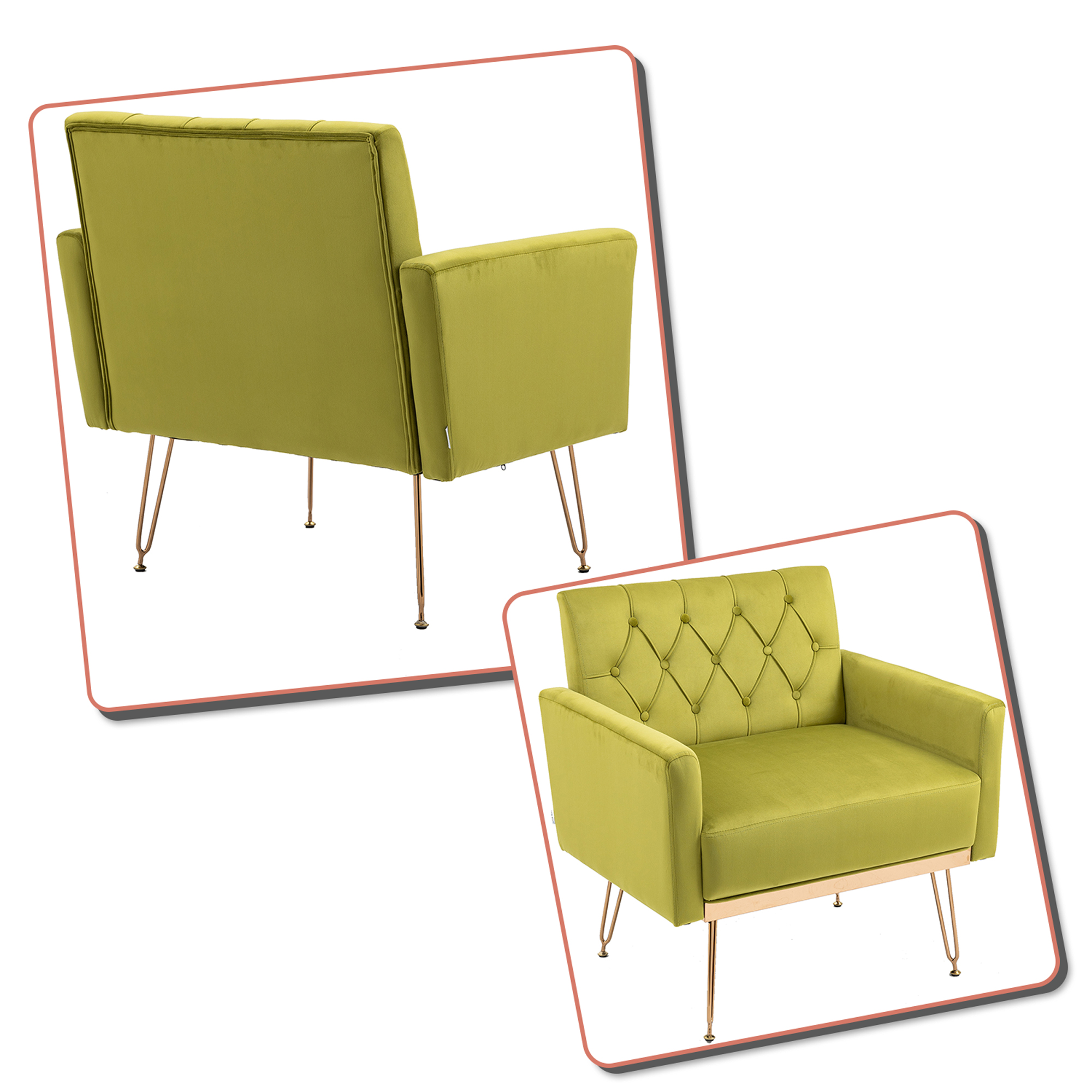 Classic and Comfort Style Velvet Fabric Upholstered Accent Chair with Button Tufted Design and V-shaped Metal Legs for Living Room, Bedroom, Dining Room, Olive Green