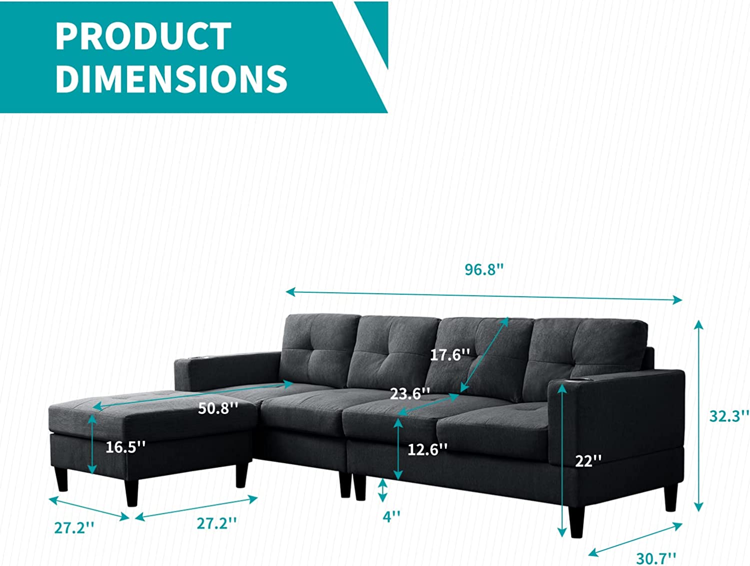 BALUS Reversible Sectional Sofa, 4 Seat L-Shape Sofa Couches for Living Room, Convertible Sectional Couch with Reversible Chaise, Modular Sectional Couch with 2 Cup Holders for Apartment, Dark Grey