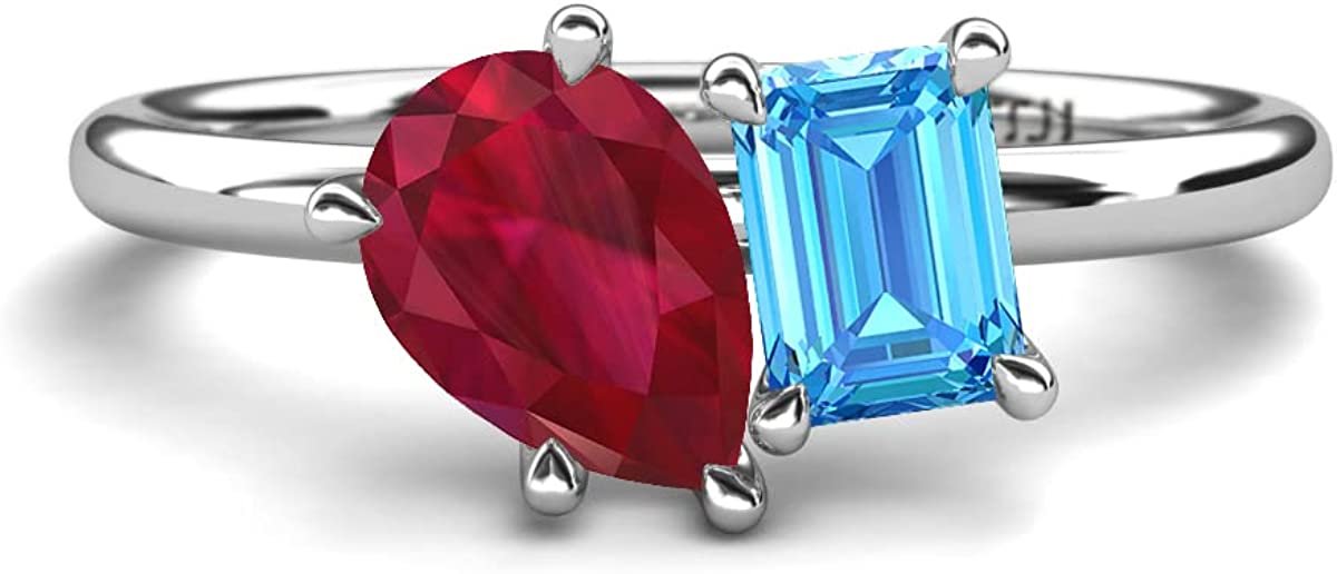 Pear Lab Created Ruby & Emerald Cut Blue Topaz 2 7/8 ctw Four Prong Women 2 Stone Duo Engagement Ring 14K Yellow Gold-8.0