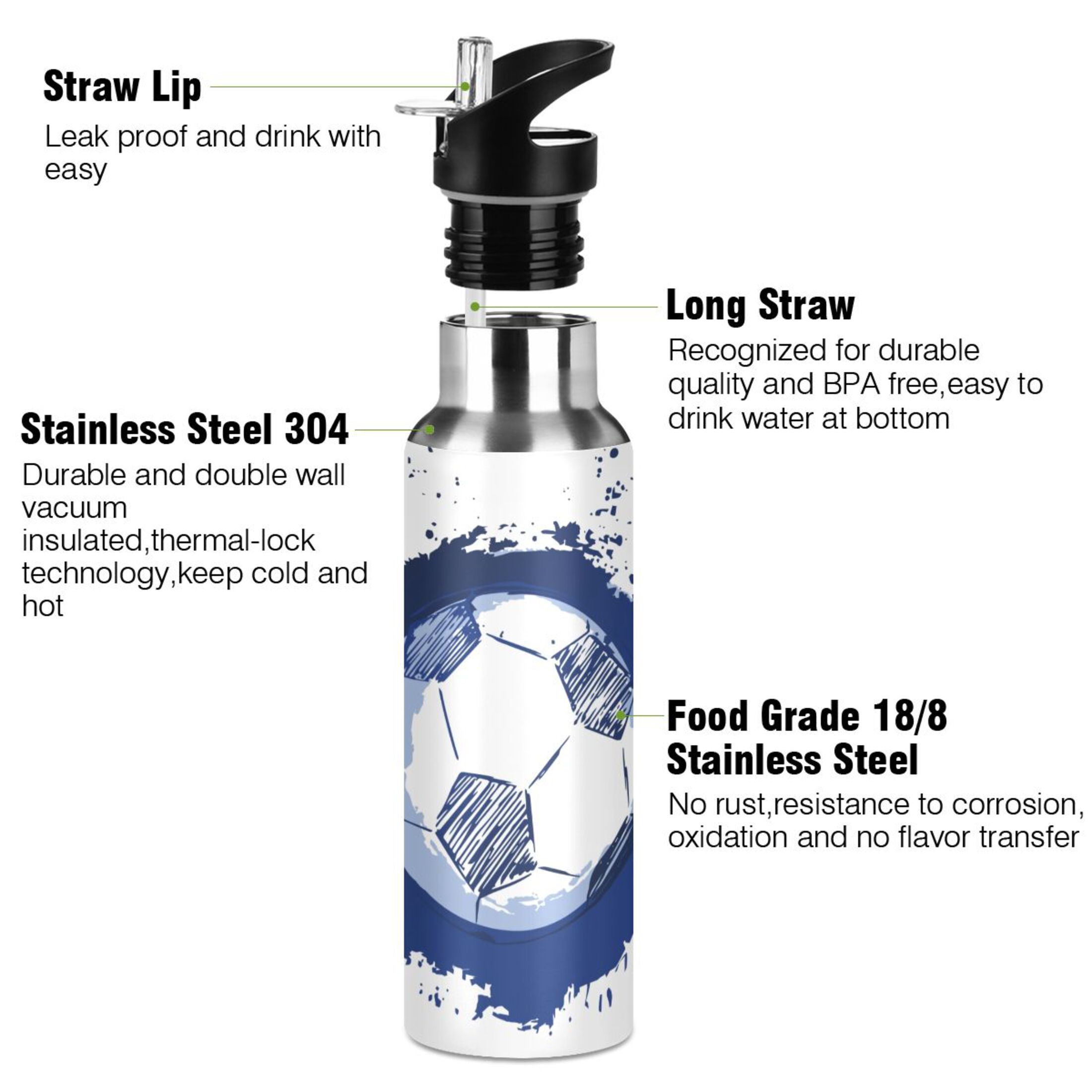 Water Bottle with Straw Lid Leak Soccer Ball Stainless Steel Insulated Thermos Vacuum Flask for Cold Hot Drinking for Sports Camping Gym Yoga